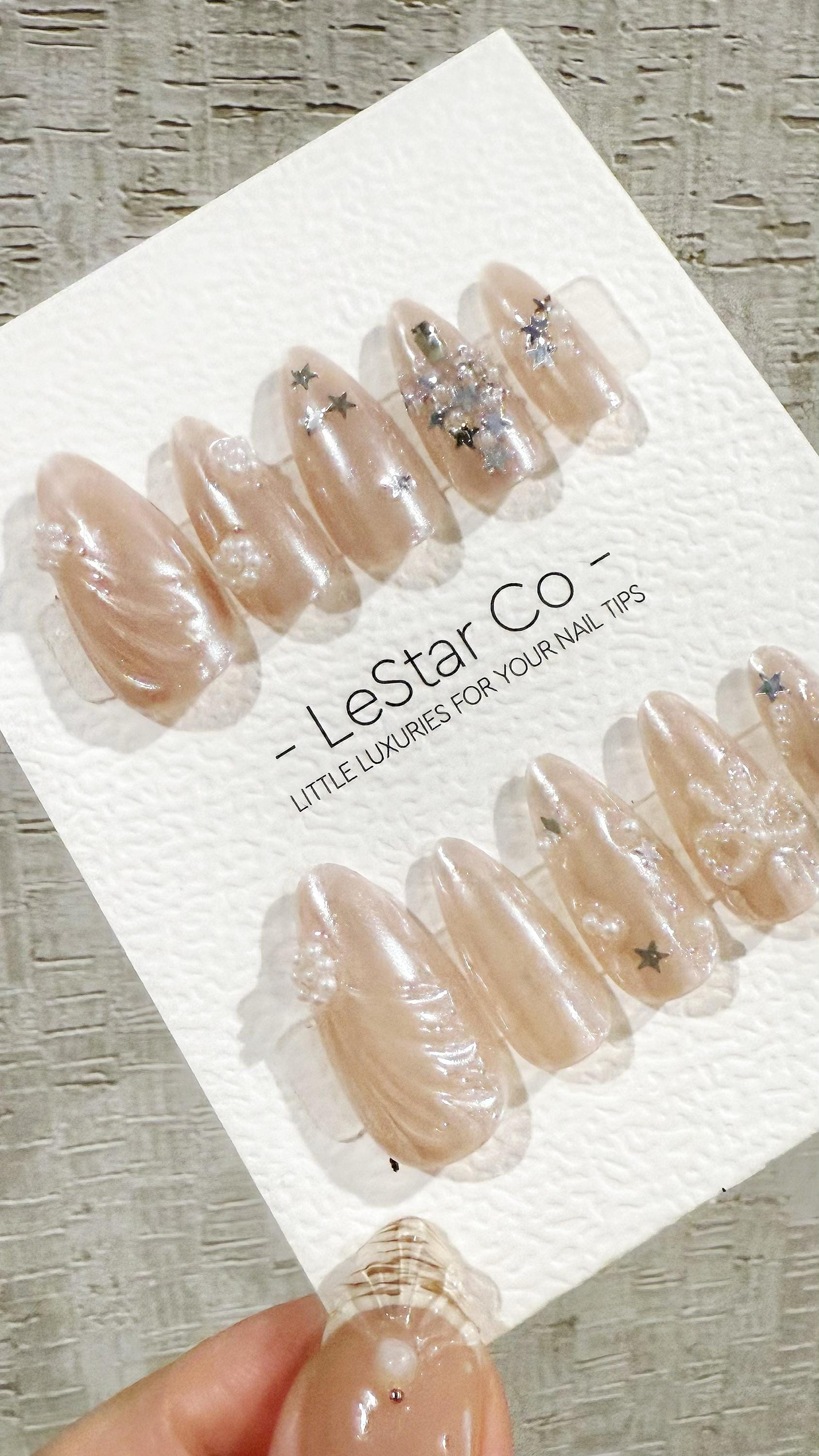 Reusable Celestial Pearls| Premium Handmade Press on Nails Gel | Fake Nails | Cute Pressons Gel Nail Artist faux nails TMR1053