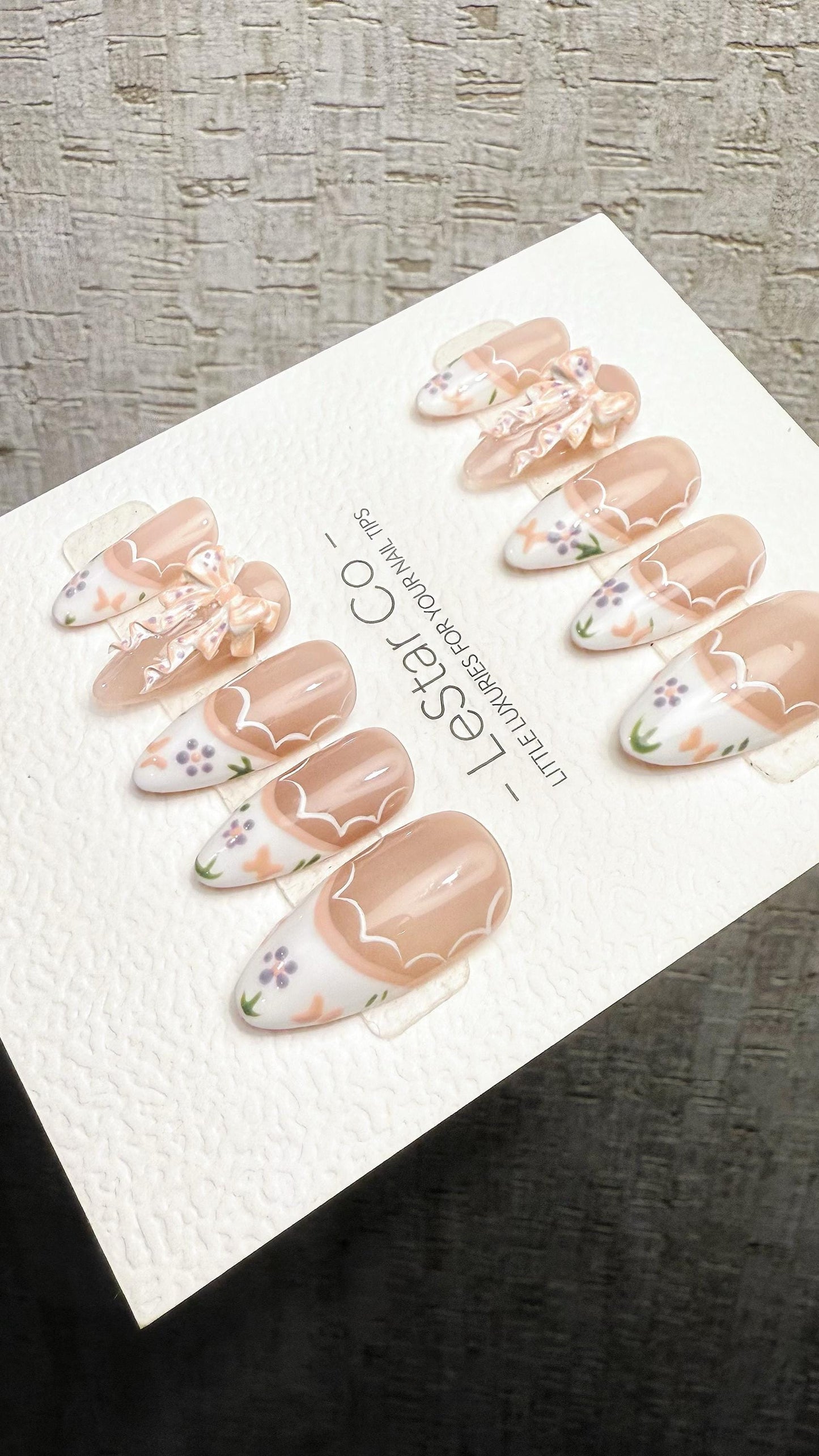 Reusable Porcelain Garden 3D Ribbon Lace French Tip| Premium Handmade Press on Nails Gel | Fake Nails | Pressons Gel Nail Artist faux nails