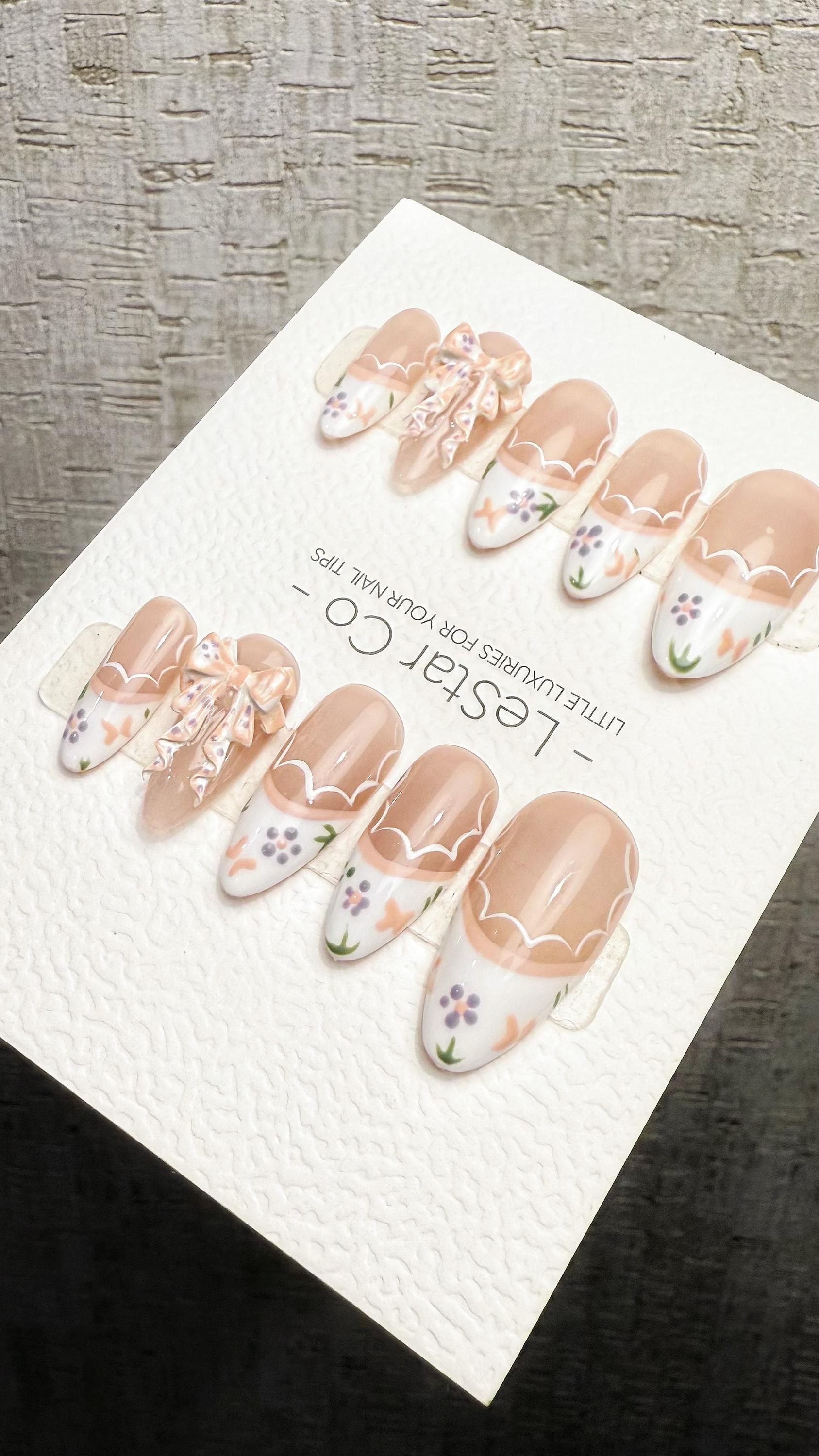 Reusable Porcelain Garden 3D Ribbon Lace French Tip| Premium Handmade Press on Nails Gel | Fake Nails | Pressons Gel Nail Artist faux nails
