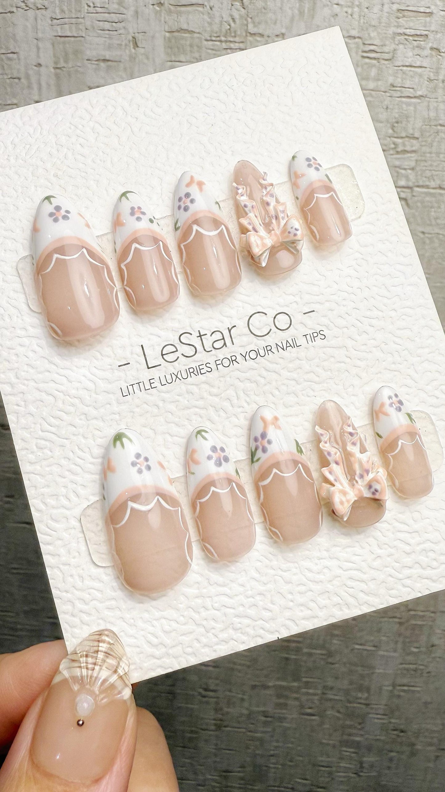 Reusable Porcelain Garden 3D Ribbon Lace French Tip| Premium Handmade Press on Nails Gel | Fake Nails | Pressons Gel Nail Artist faux nails