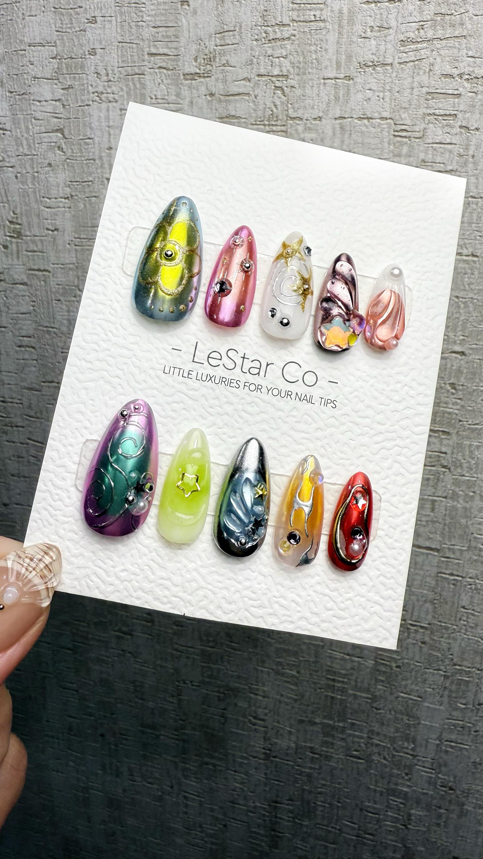 Reusable Celestial Symphony | Premium Handmade Press on Nails Gel | Fake Nails | Cute Pressons Gel Nail Artist faux nails QN1057