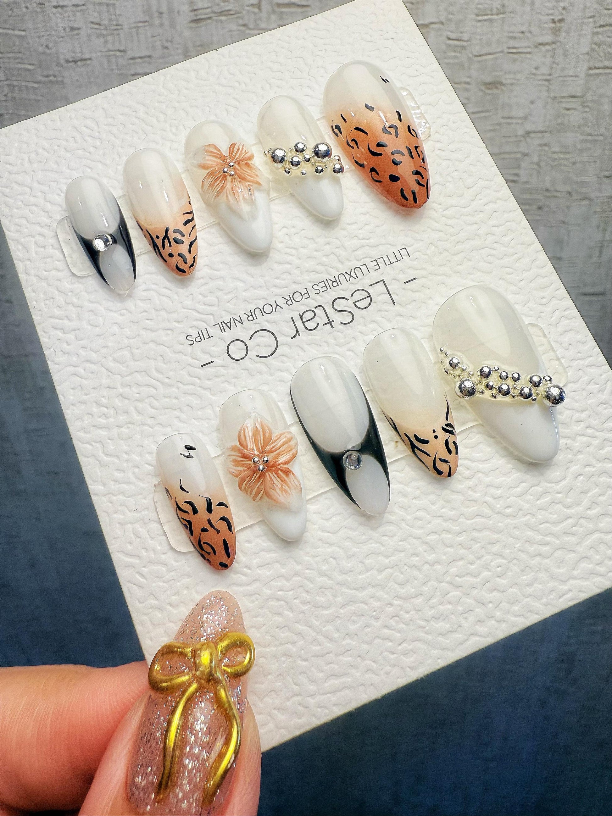 4for3 Timed Offer)Reusable Savanna Bloom 3D Petal| Premium Handmade Press on Nails Gel | Fake Nails | Cute Pressons Gel Nail TMR1064