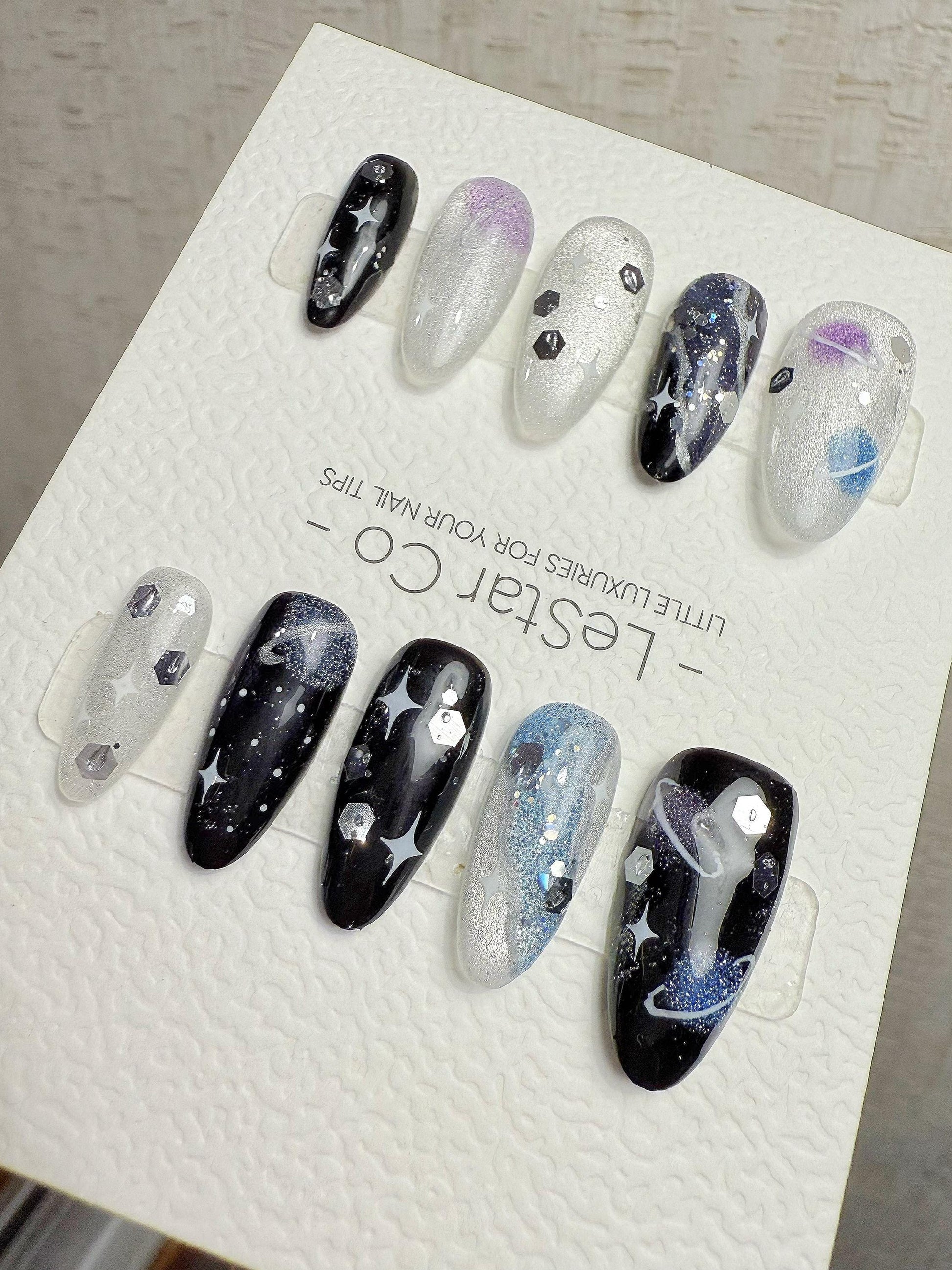 4for3 Timed Offer)Reusable Nebula Nights Cat Eye Effect| Premium Handmade Press on Nails Gel | Fake Nails | Cute Pressons Gel Nail MC1068
