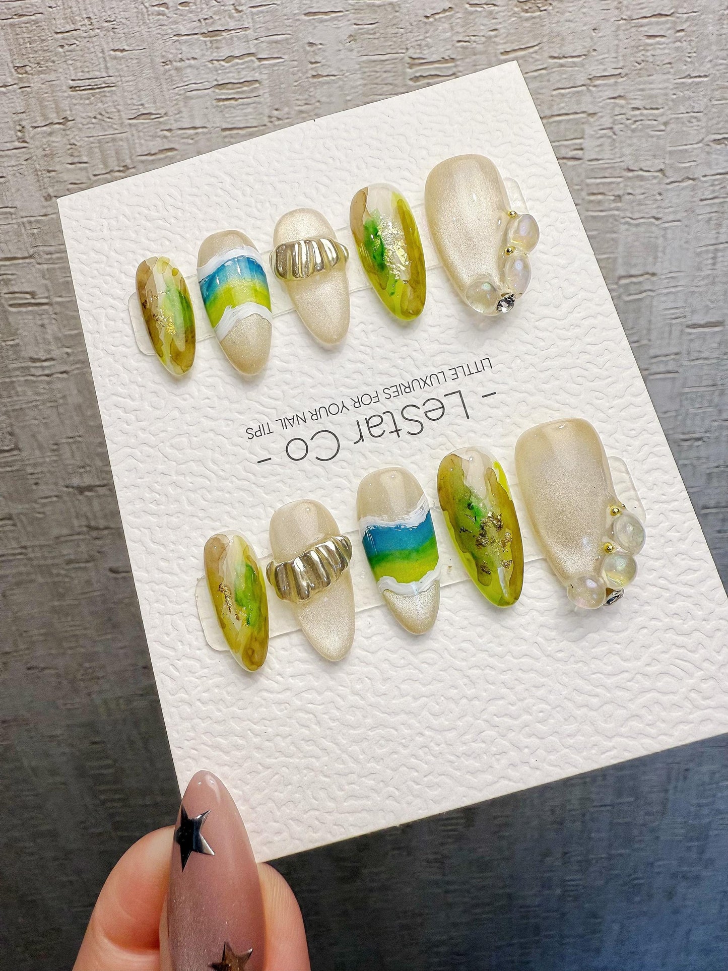 4for3 Timed Offer)Reusable Azure Creek 3D Effect| Premium Handmade Press on Nails Gel | Fake Nails | Cute Pressons Gel Nail MC1073