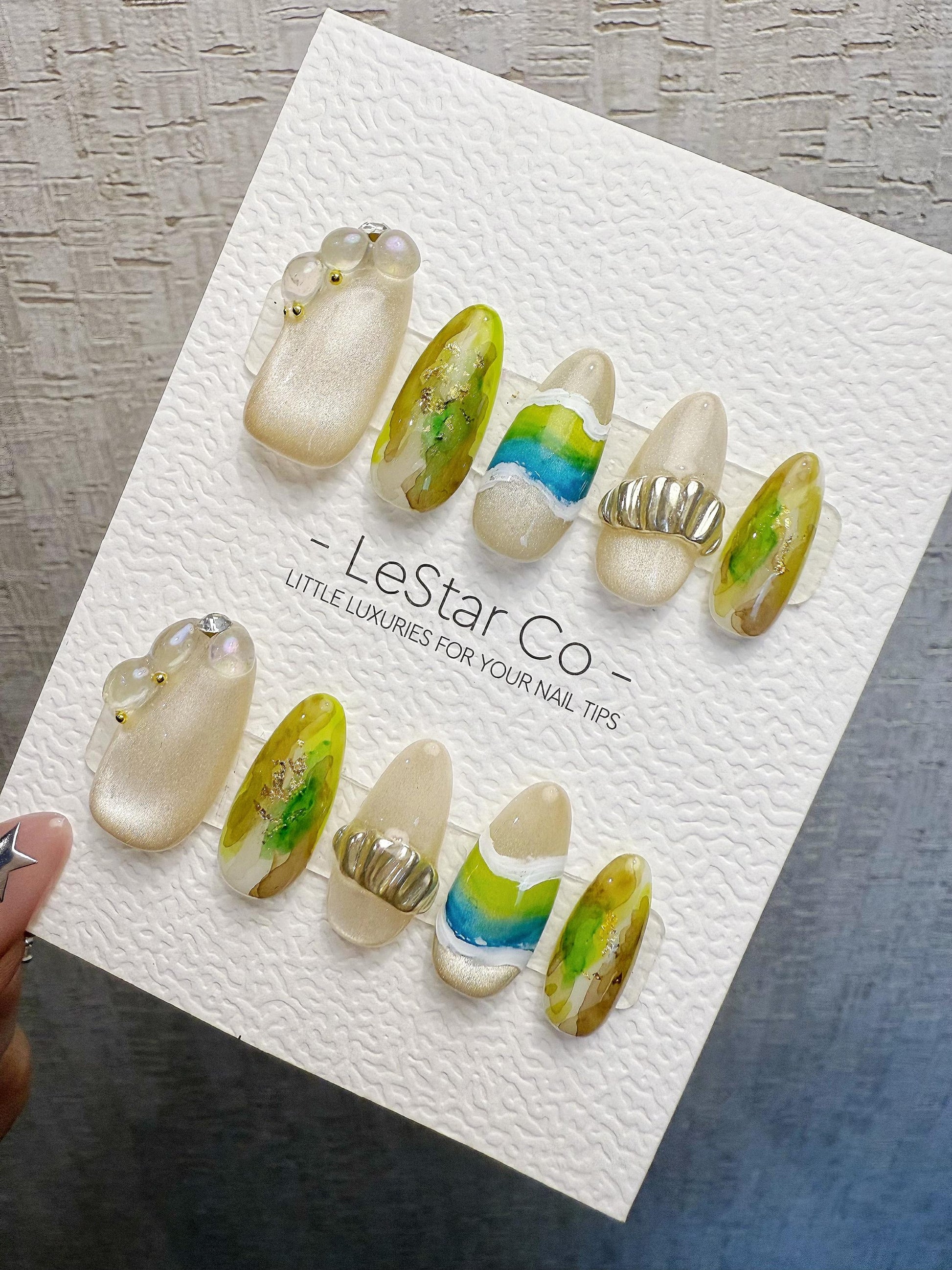 4for3 Timed Offer)Reusable Azure Creek 3D Effect| Premium Handmade Press on Nails Gel | Fake Nails | Cute Pressons Gel Nail MC1073