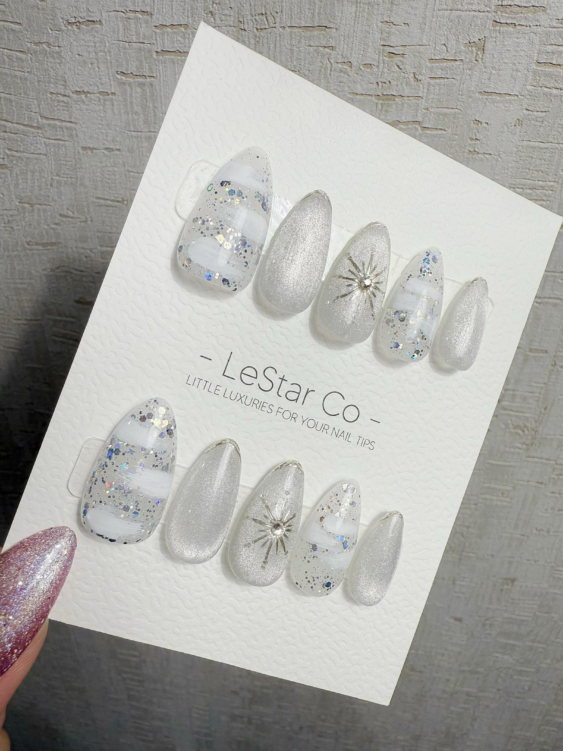 4for3 Timed Offer)Reusable Winter Halo Cat Eye Effect| Premium Handmade Press on Nails Gel | Fake Nails | Cute Pressons Gel Nail MC1062