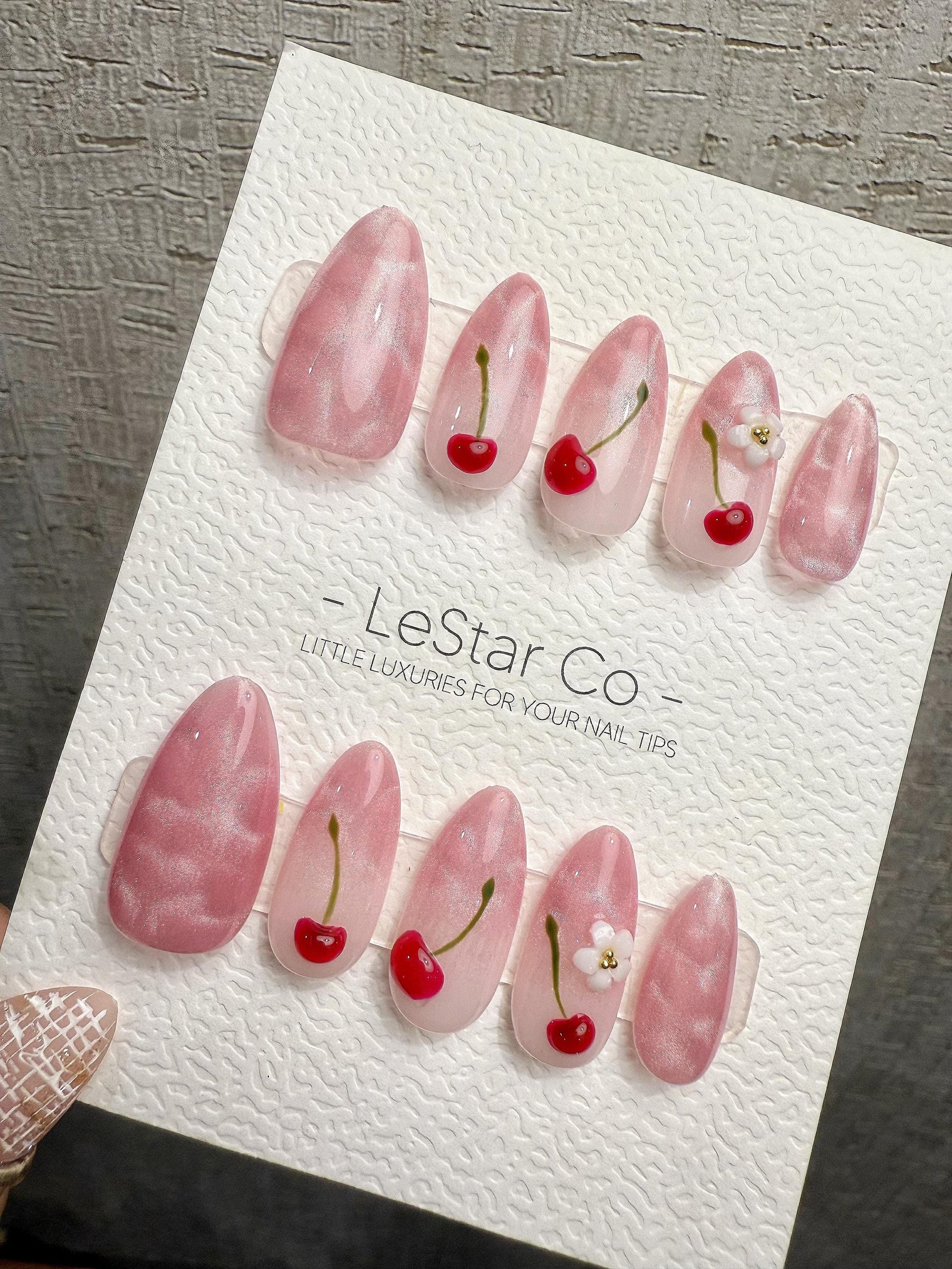 Reusable Blooming Cherry Day Cat Eye Effect| Premium Handmade Press on Nails Gel | Fake Nails | Cute Press ons Gel Nail ML1077