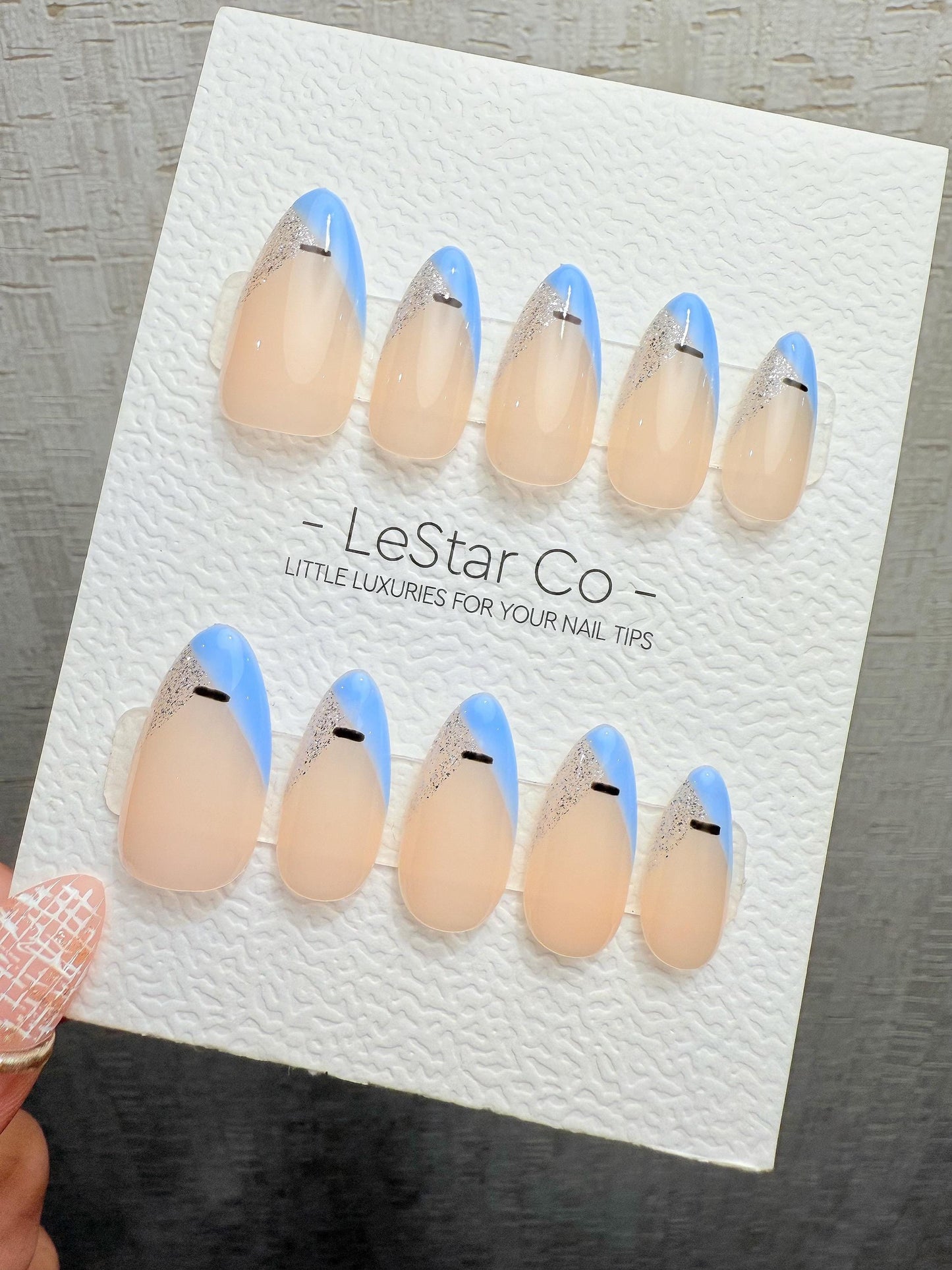 Reusable Nordic Breeze Blue French Tip| Premium Handmade Press on Nails Gel | Fake Nails | Cute Pressons Gel Nail ML1078