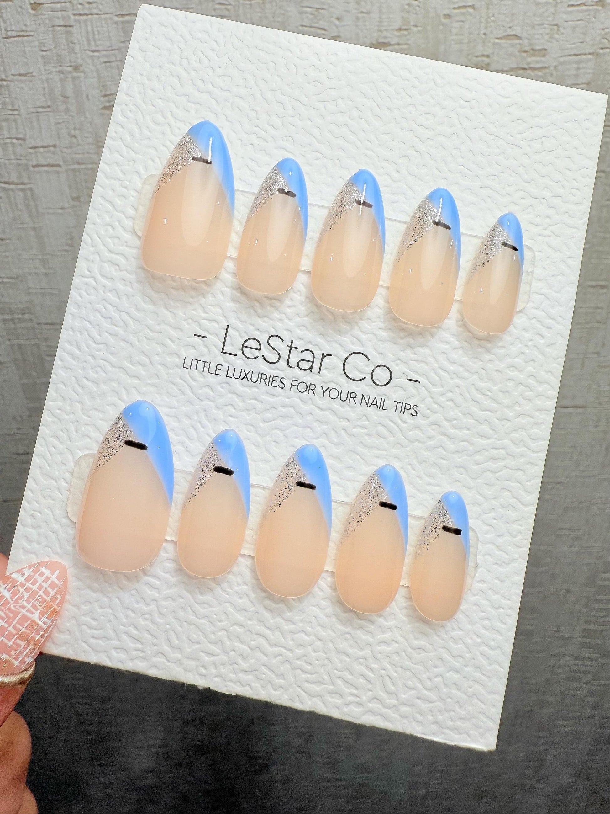 Reusable Nordic Breeze Blue French Tip| Premium Handmade Press on Nails Gel | Fake Nails | Cute Pressons Gel Nail ML1078
