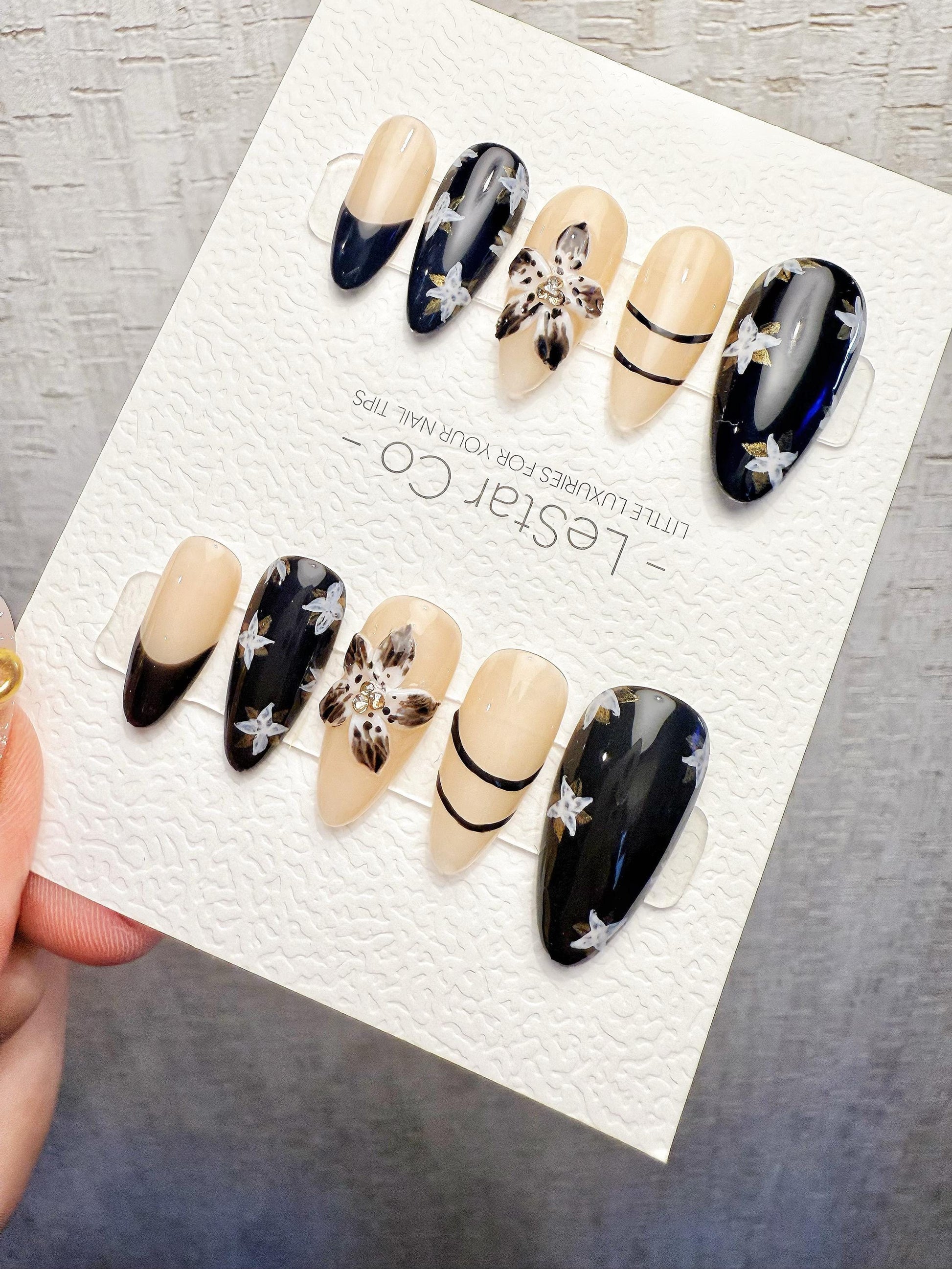 4for3 Timed Offer)Reusable Noir Garden 3D Petal| Premium Handmade Press on Nails Gel | Fake Nails | Cute Pressons Gel Nail TMR1065