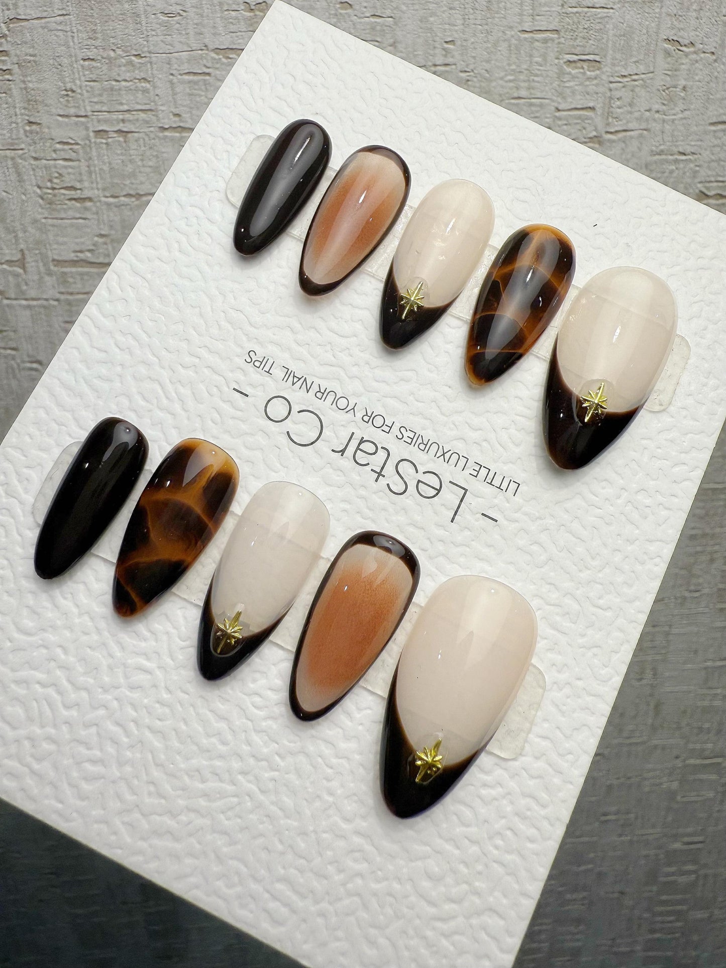 4for3 Timed Offer)Reusable Starlit Espresso French Tip|Premium Handmade Press on Nails Gel | Fake Nails | Cute Pressons Nail QN1081