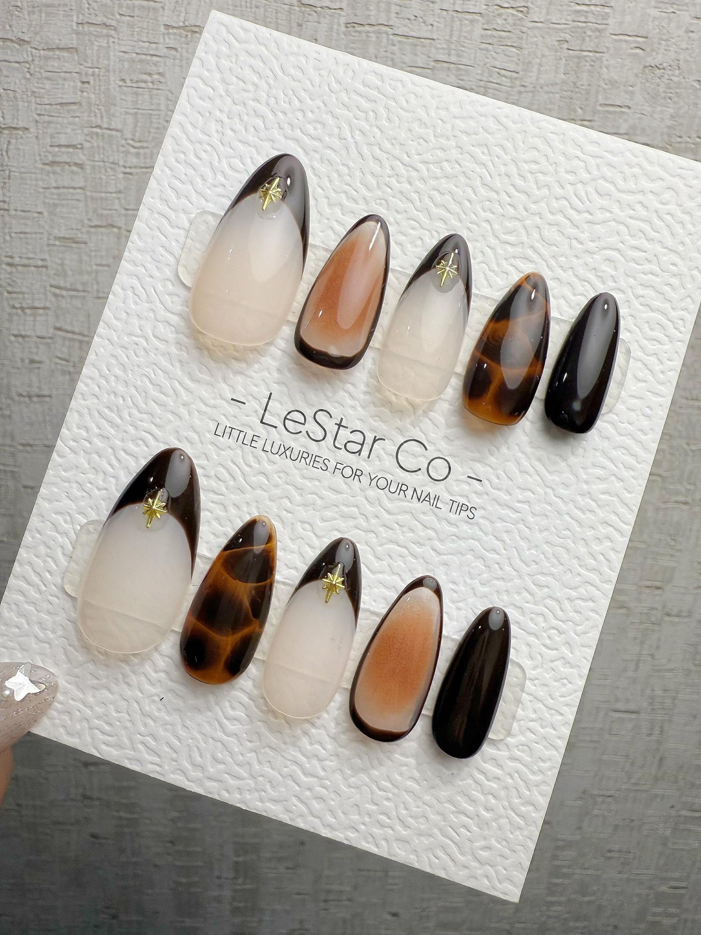 4for3 Timed Offer)Reusable Starlit Espresso French Tip|Premium Handmade Press on Nails Gel | Fake Nails | Cute Pressons Nail QN1081