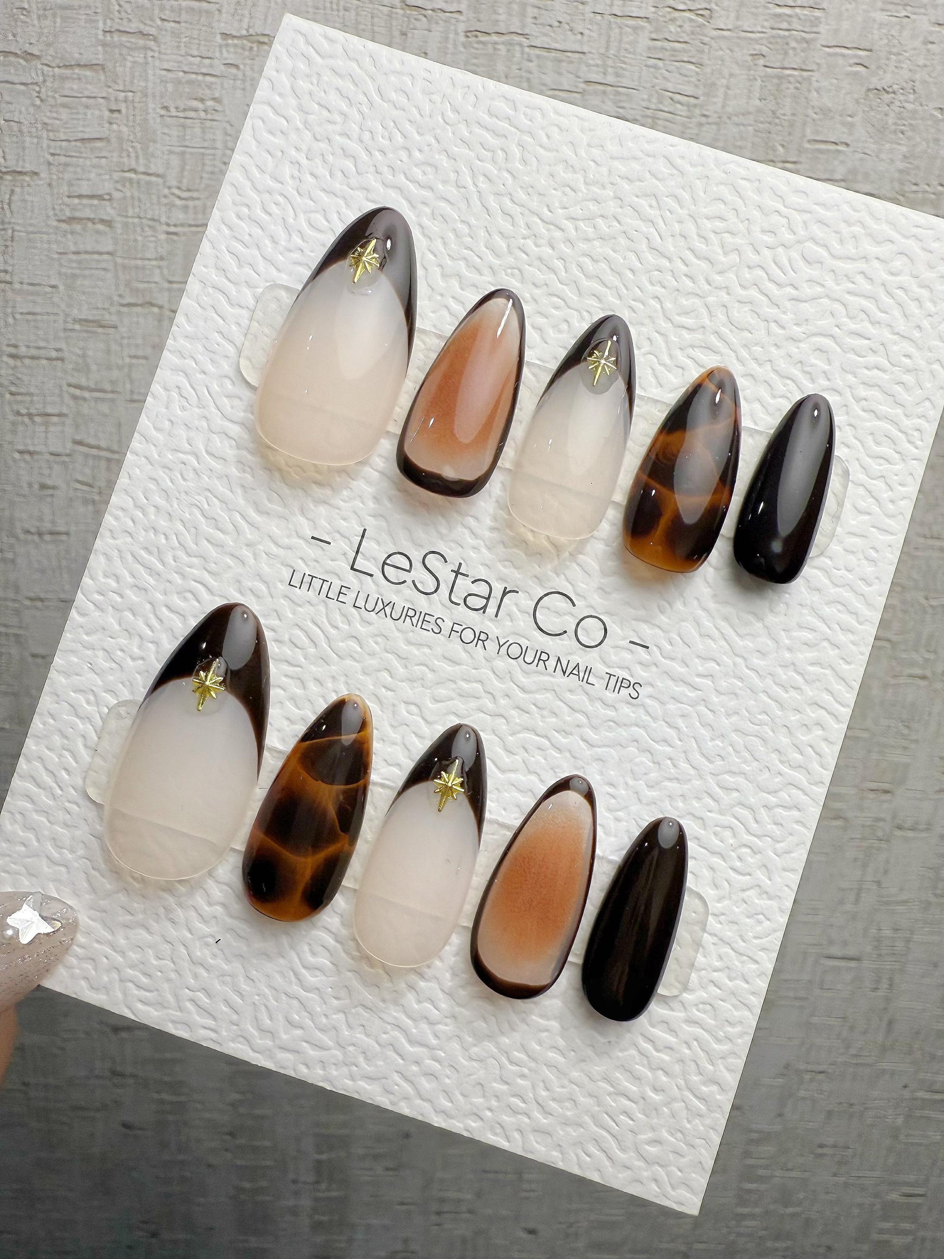 4for3 Timed Offer)Reusable Starlit Espresso French Tip|Premium Handmade Press on Nails Gel | Fake Nails | Cute Pressons Nail QN1081