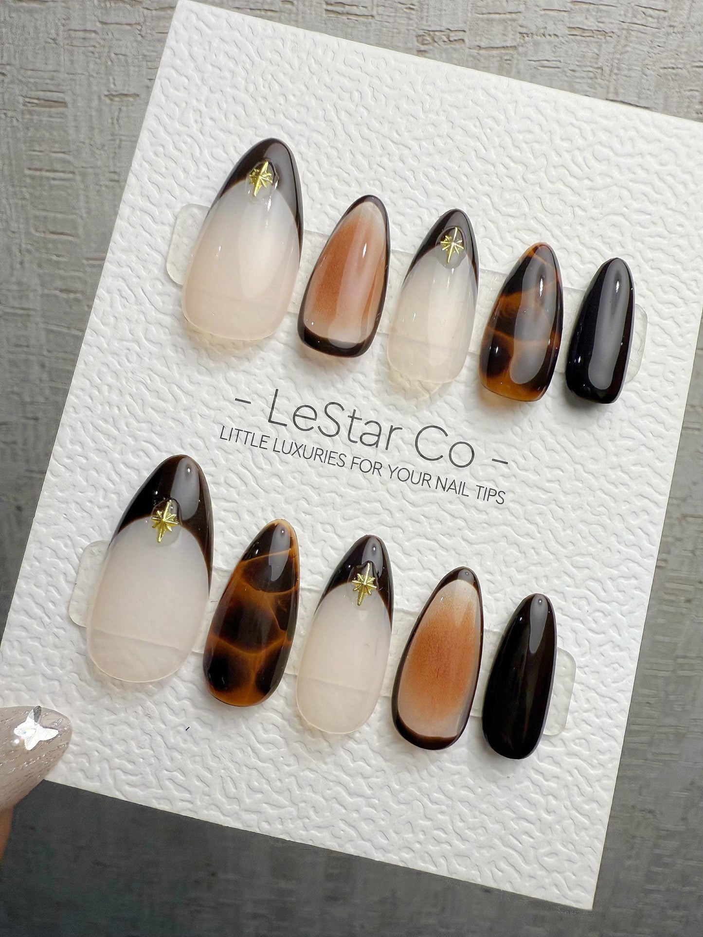4for3 Timed Offer)Reusable Starlit Espresso French Tip|Premium Handmade Press on Nails Gel | Fake Nails | Cute Pressons Nail QN1081
