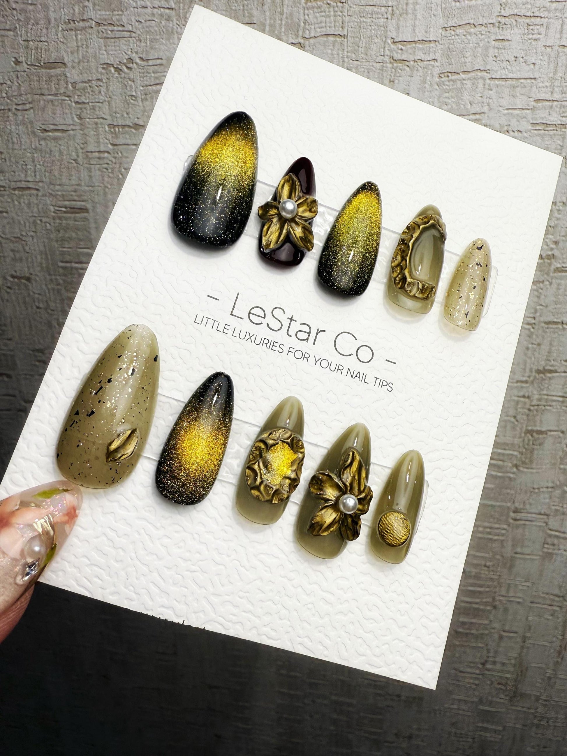 4for3 Timed Offer)Reusable Antique Bloom Charm Cat Eye Effect | Premium Handmade Press on Nails Gel | Fake Nails | Pressons Gel Nail TMR1091