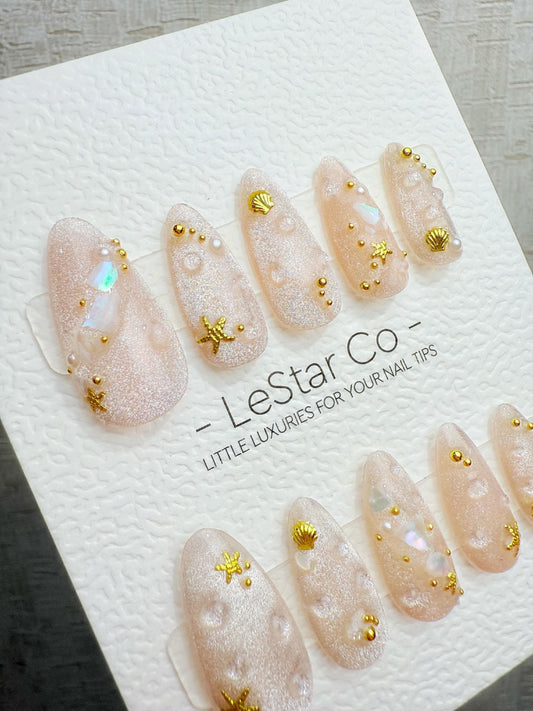 4for3 Timed Offer)Reusable Seashell Sparkle Shore Cat Eye Effect |Premium Handmade Press on Nails Gel | Fake Nails | Pressons Nail TMR1093