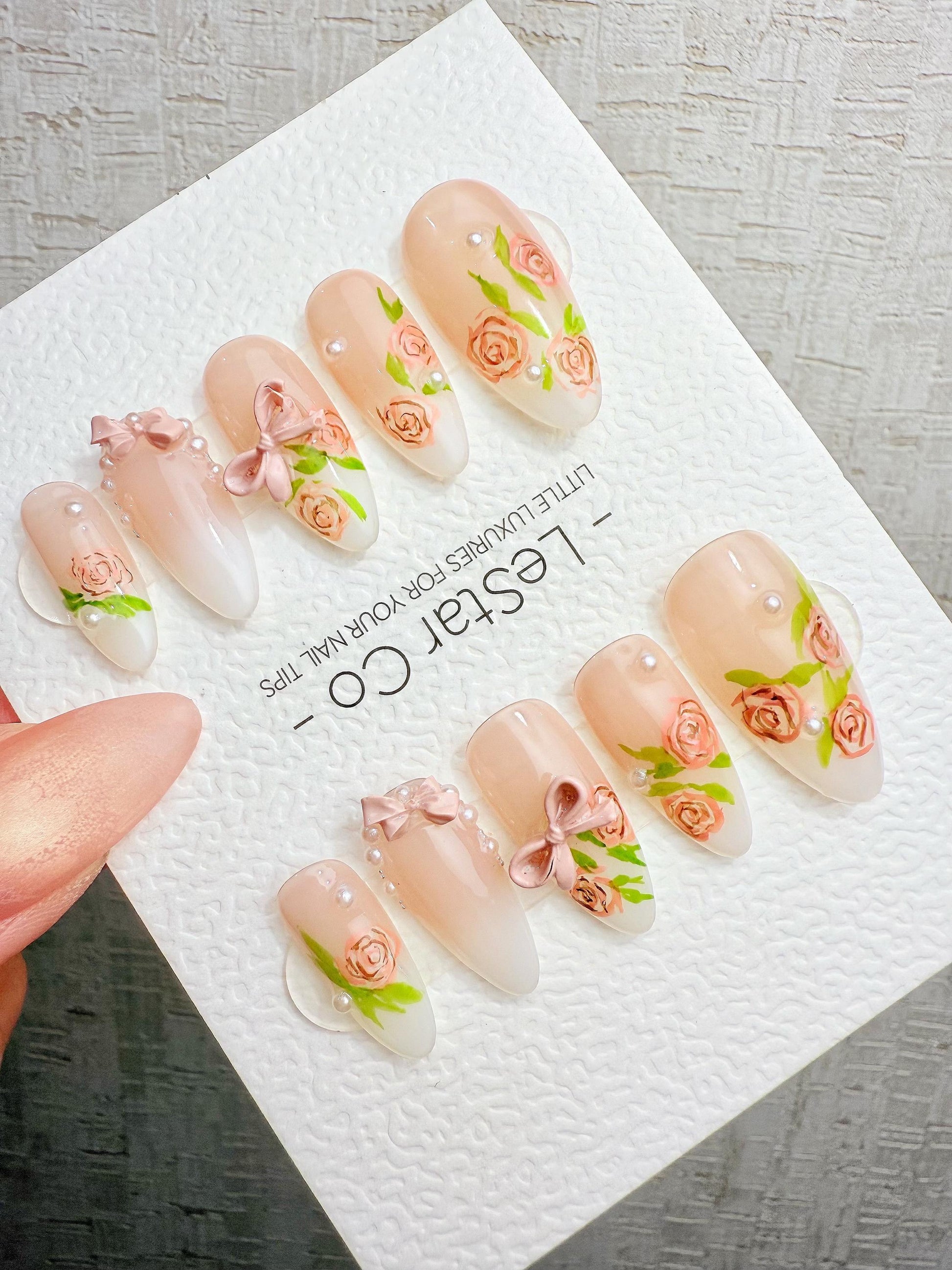 4for3 Timed Offer)Reusable Blush Garden Bows |Premium Handmade Press on Nails Gel | Fake Nails | Cute Pressons Nail TMR1096