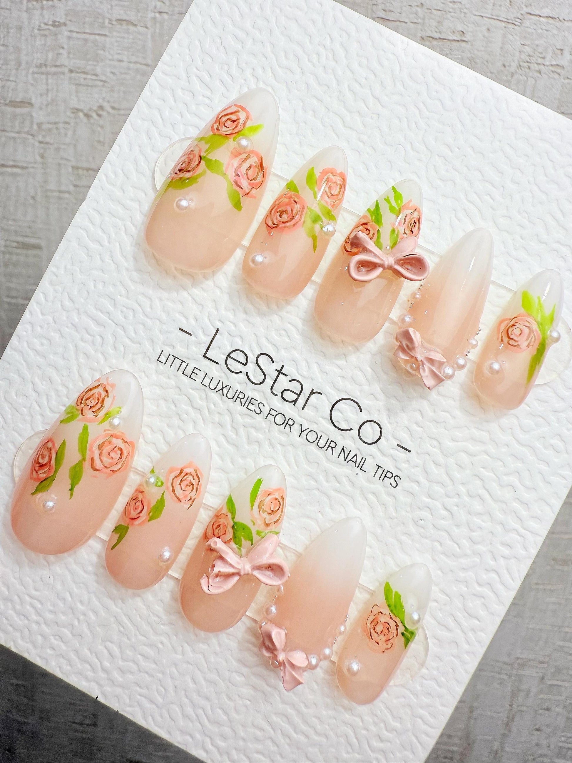 4for3 Timed Offer)Reusable Blush Garden Bows |Premium Handmade Press on Nails Gel | Fake Nails | Cute Pressons Nail TMR1096