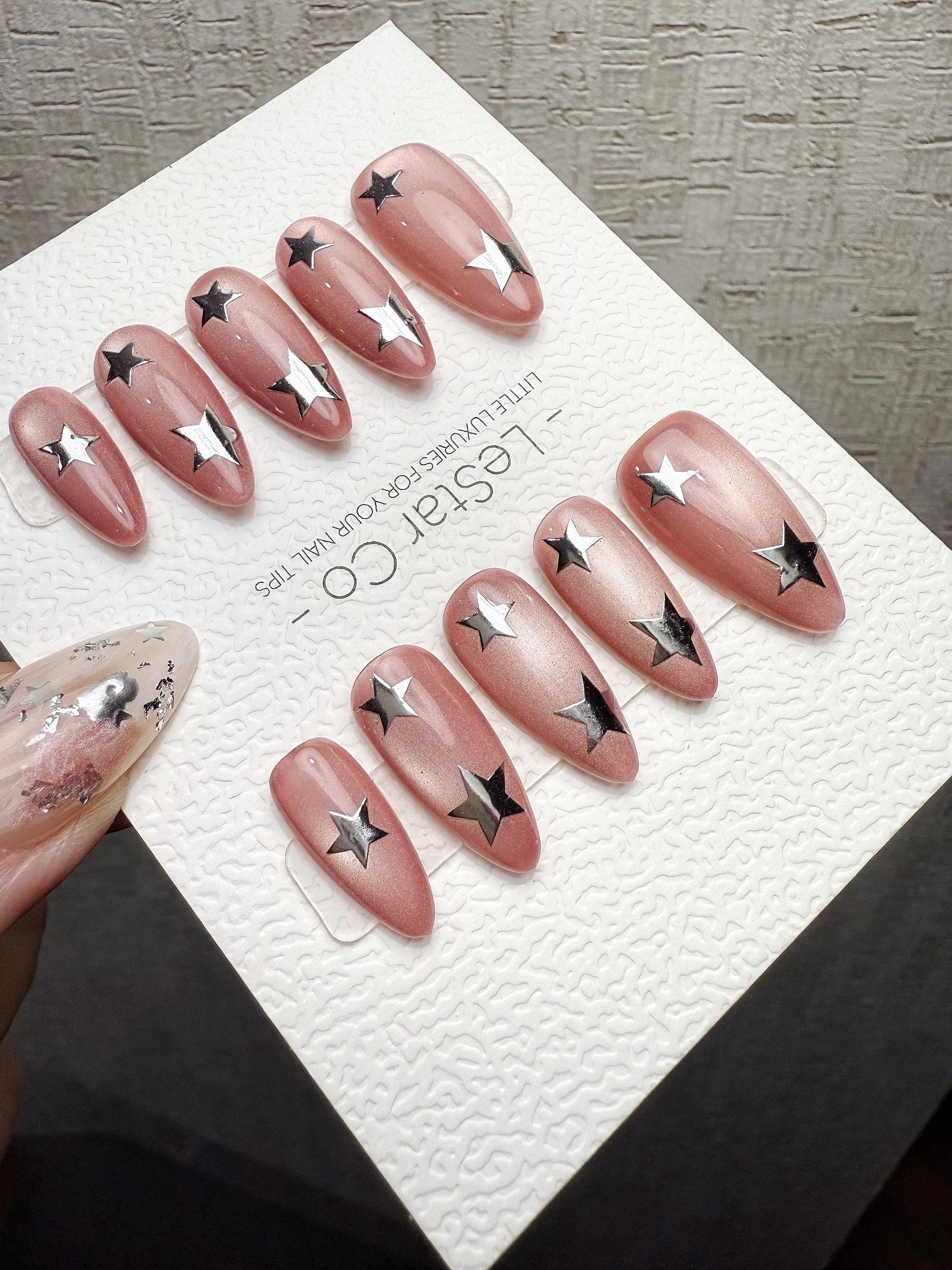 4for3 Timed Offer) Blush Star Struck Cat Eye | Handmade Press On Gel Acrylic Nails