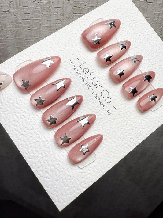 4for3 Timed Offer) Blush Star Struck Cat Eye | Handmade Press On Gel Acrylic Nails