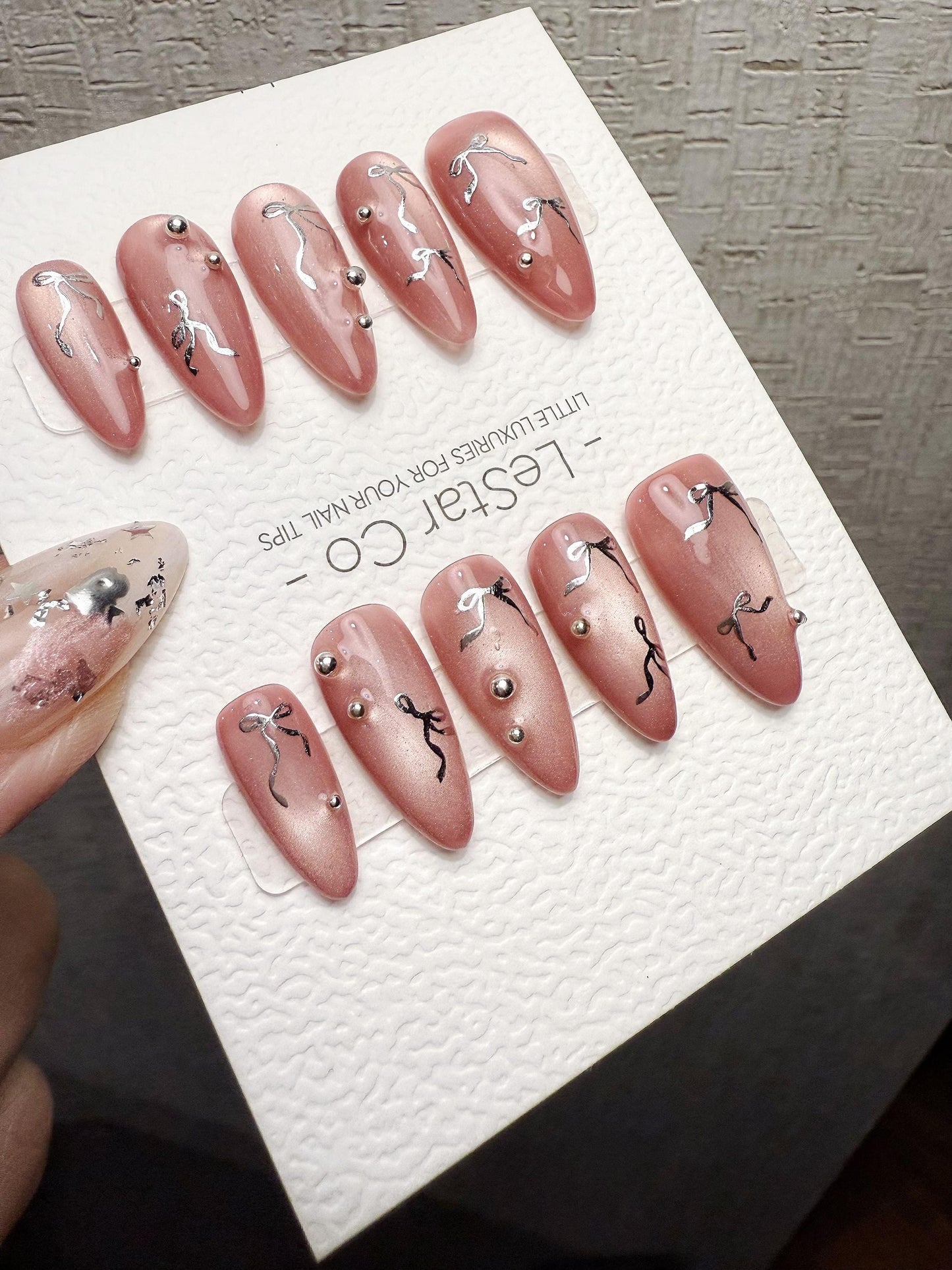 4for3 Timed Offer) Reusable Rosy Ribbon| Handmade Press On Gel Acrylic Nails