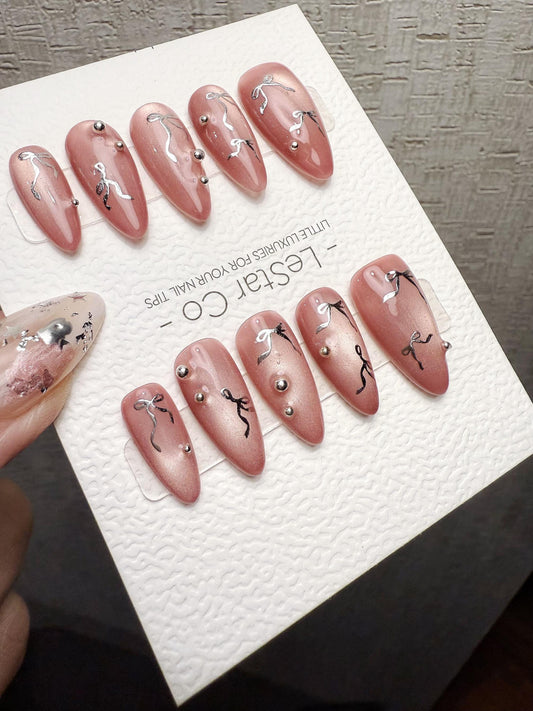 4for3 Timed Offer) Reusable Rosy Ribbon| Handmade Press On Gel Acrylic Nails