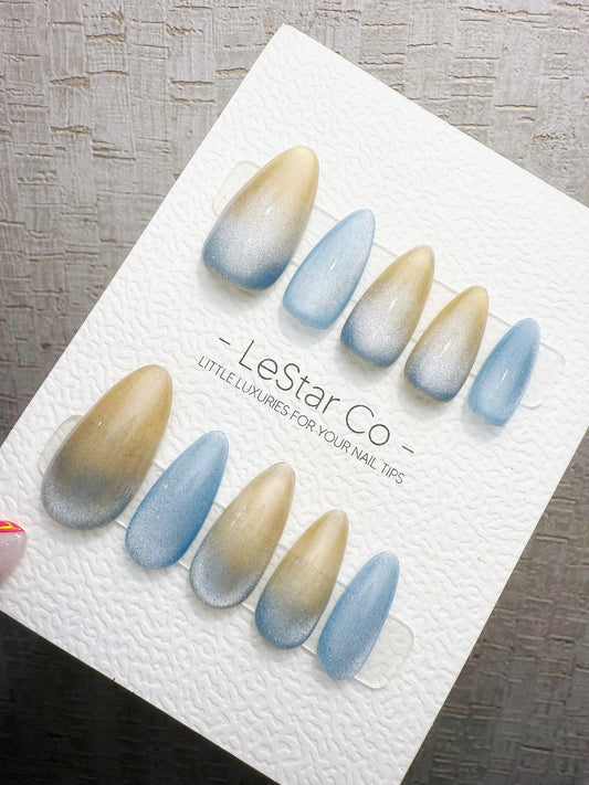 4for3 Timed Offer) Reusable Sandy Blue Horizon | Handmade Press On Gel Acrylic Nails