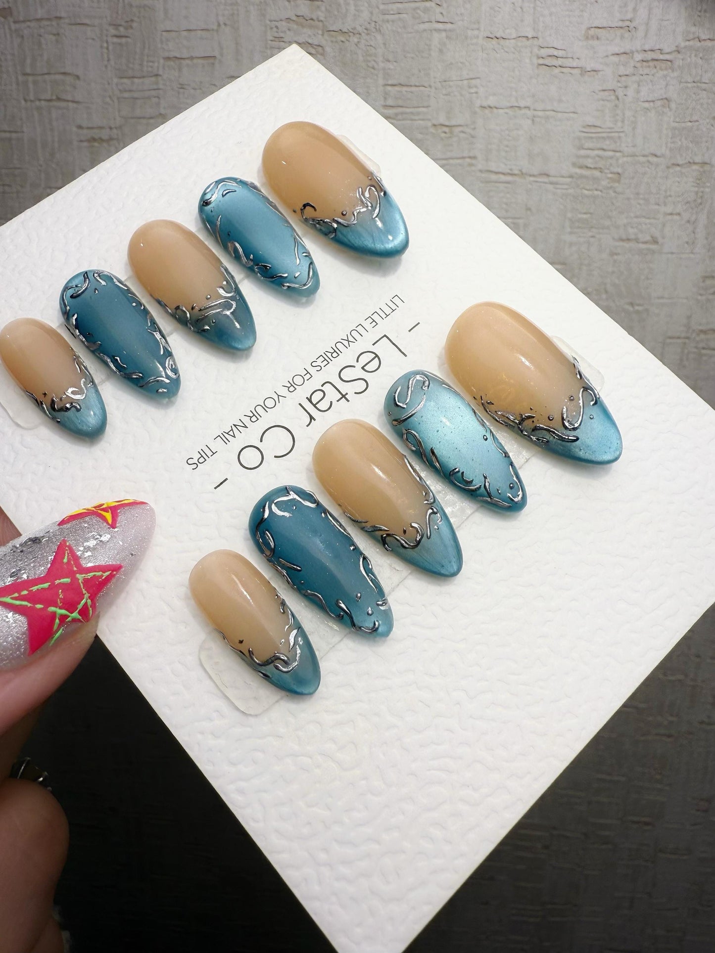 4for3 Timed Offer) Reusable Aqua Silk Drizzle | Handmade Press On Gel Acrylic Nails