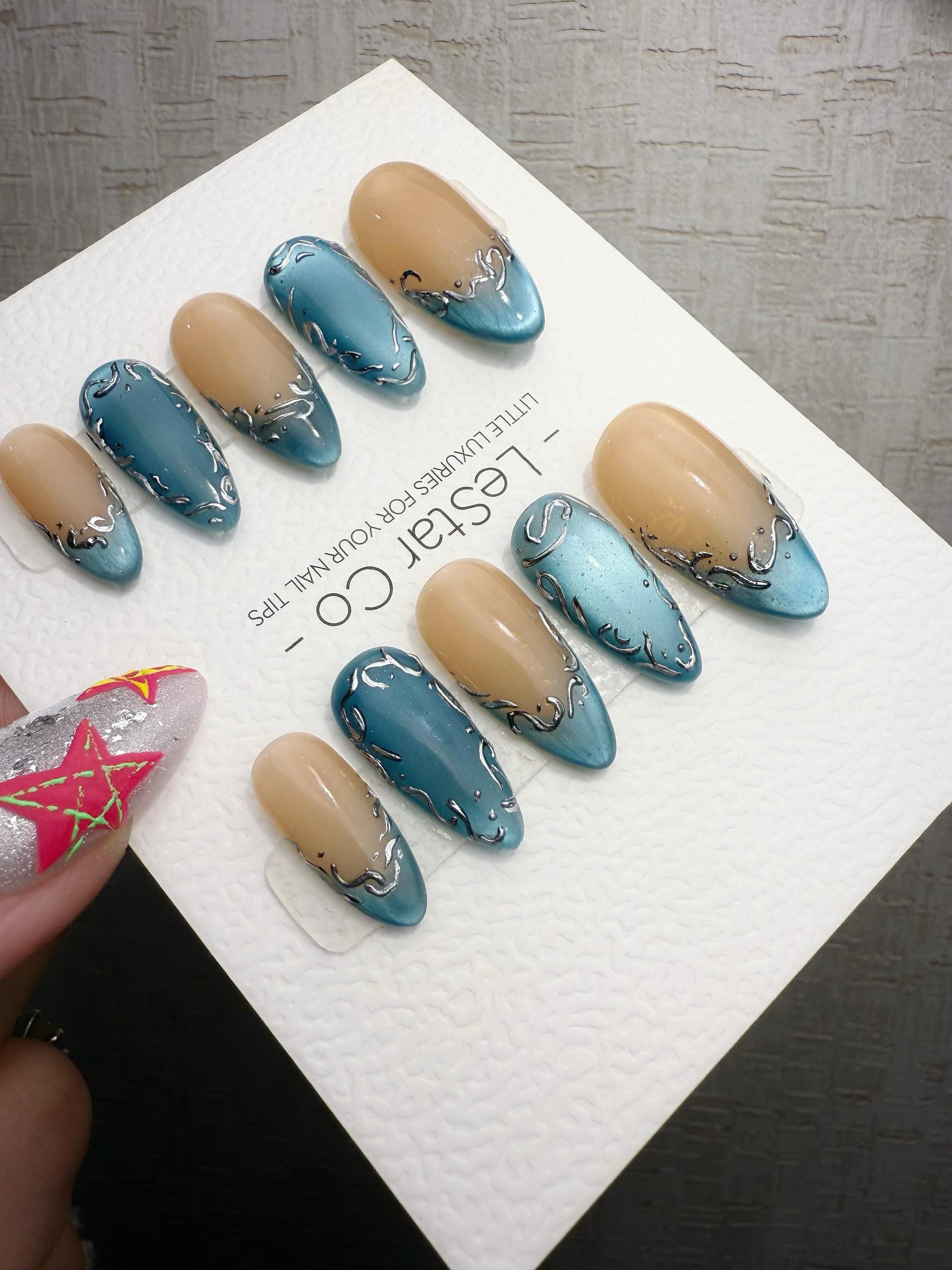 4for3 Timed Offer) Reusable Aqua Silk Drizzle | Handmade Press On Gel Acrylic Nails