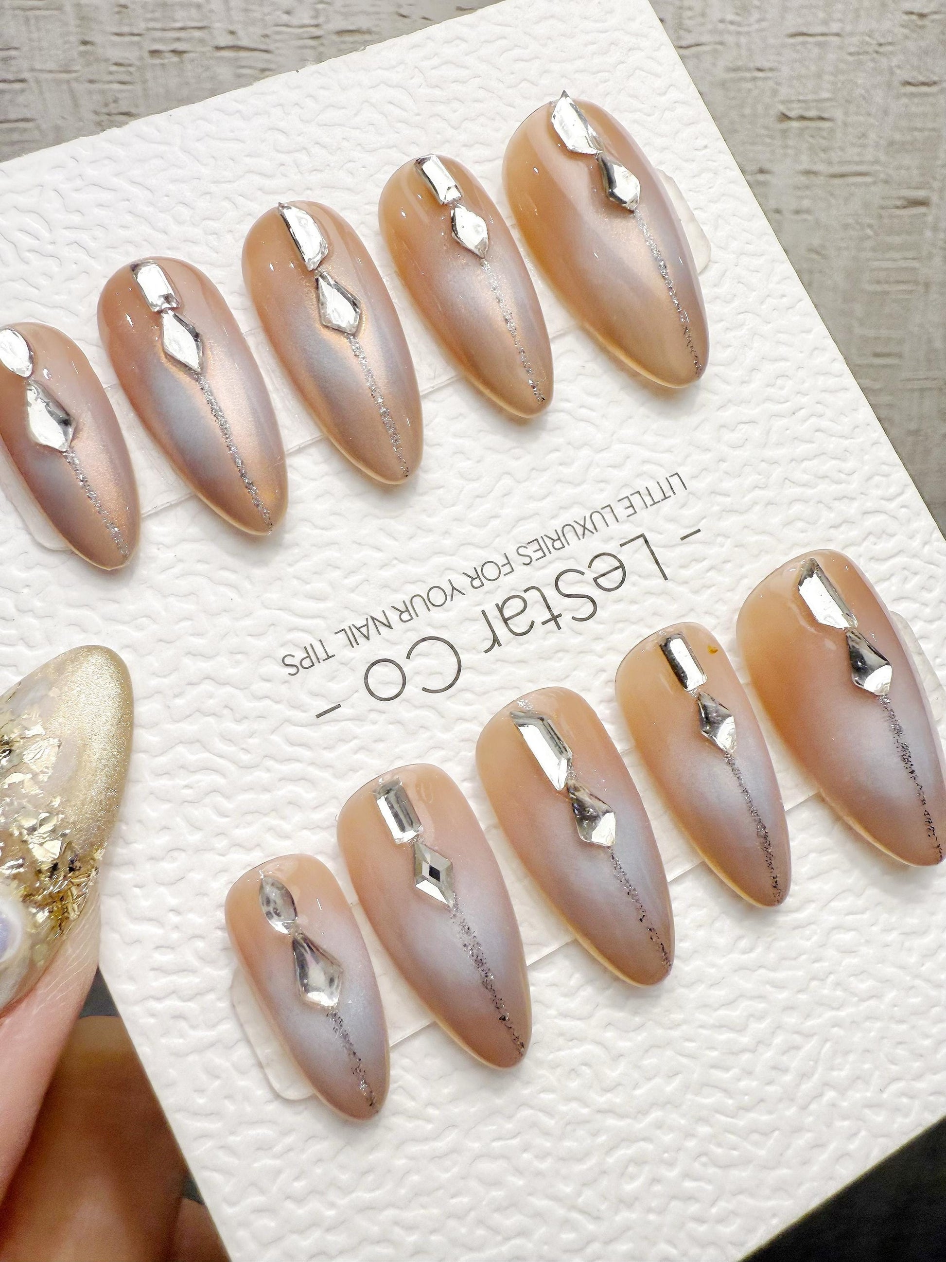 Reusable Champagne Crystal Lines | Handmade Press On Gel Acrylic Nails | 4for3 Timed Offer