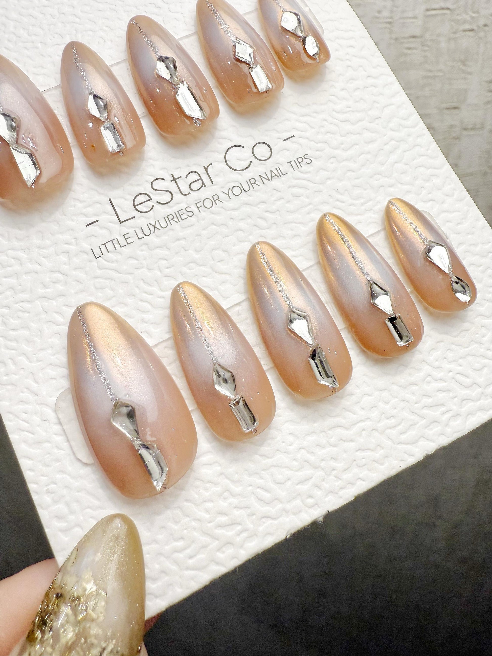 Reusable Champagne Crystal Lines | Handmade Press On Gel Acrylic Nails | 4for3 Timed Offer