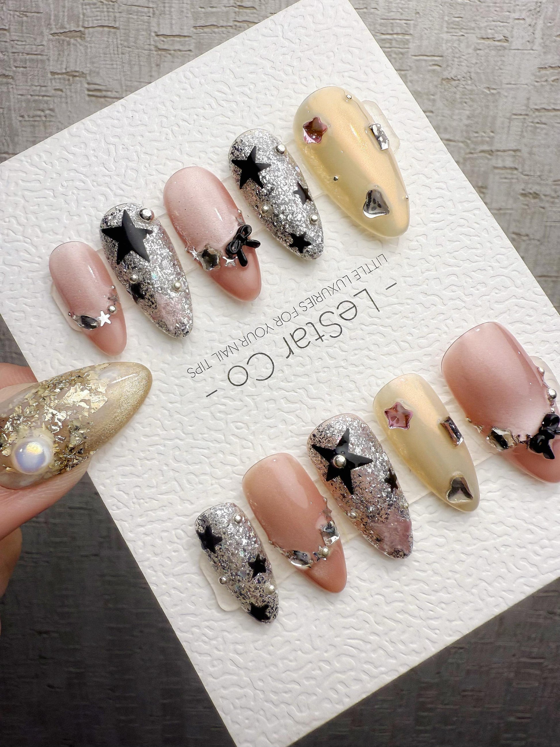 Reusable Galaxy Chic & Bows | Handmade Press On Gel Acrylic Nails | 4for3 Timed Offer