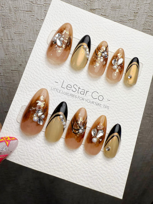 Reusable Caramel Noir Luxe | Handmade Press On Gel Acrylic Nails | 4for3 Timed Offer