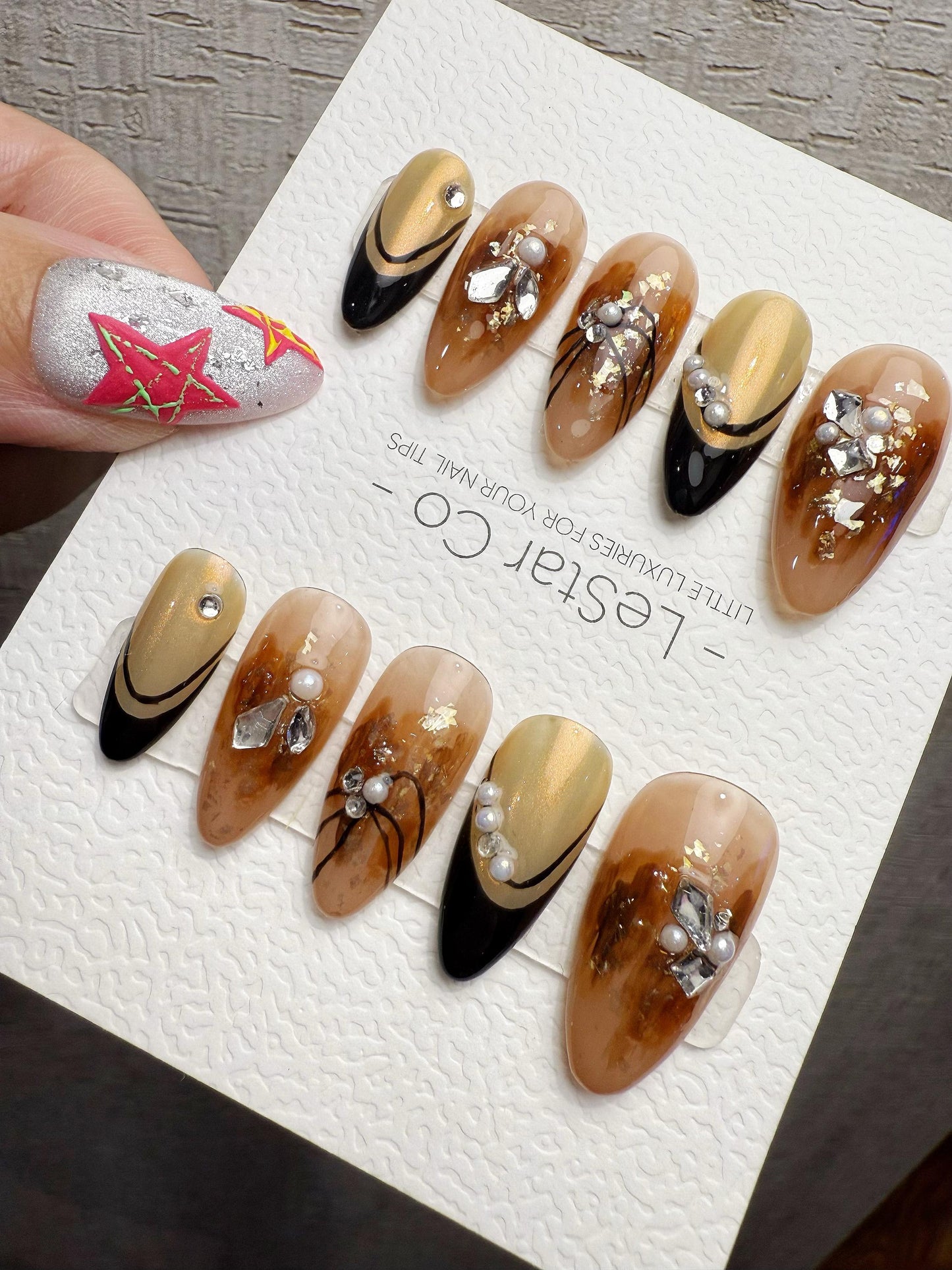 Reusable Caramel Noir Luxe | Handmade Press On Gel Acrylic Nails | 4for3 Timed Offer
