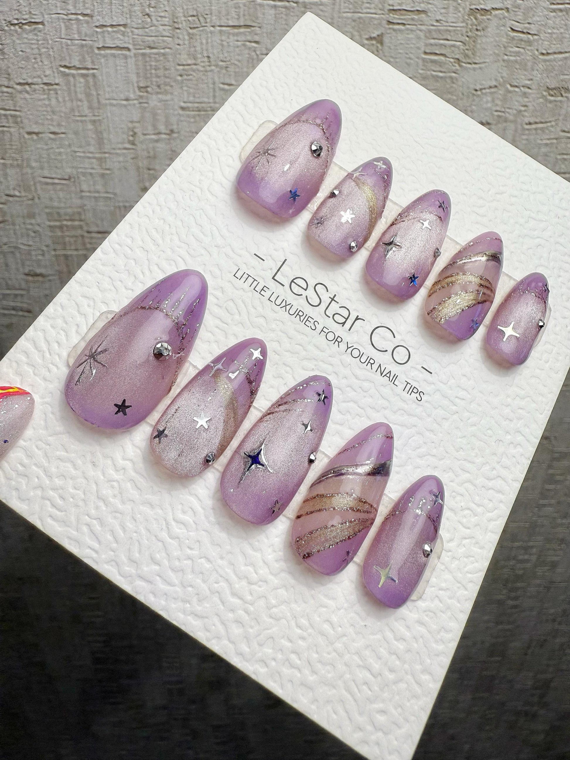 Reusable Lavender Stardust Trails | Handmade Press On Gel Acrylic Nails | 4for3 Timed Offer