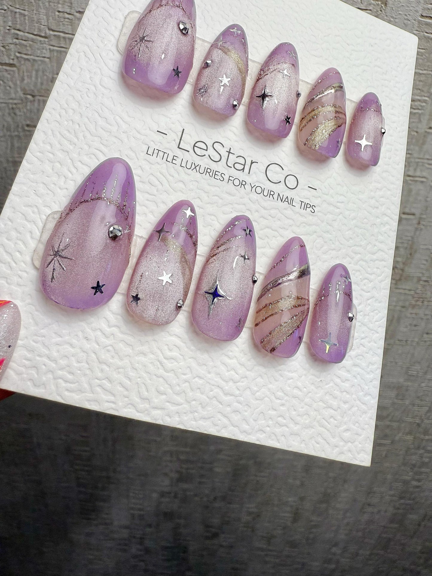 Reusable Lavender Stardust Trails | Handmade Press On Gel Acrylic Nails | 4for3 Timed Offer
