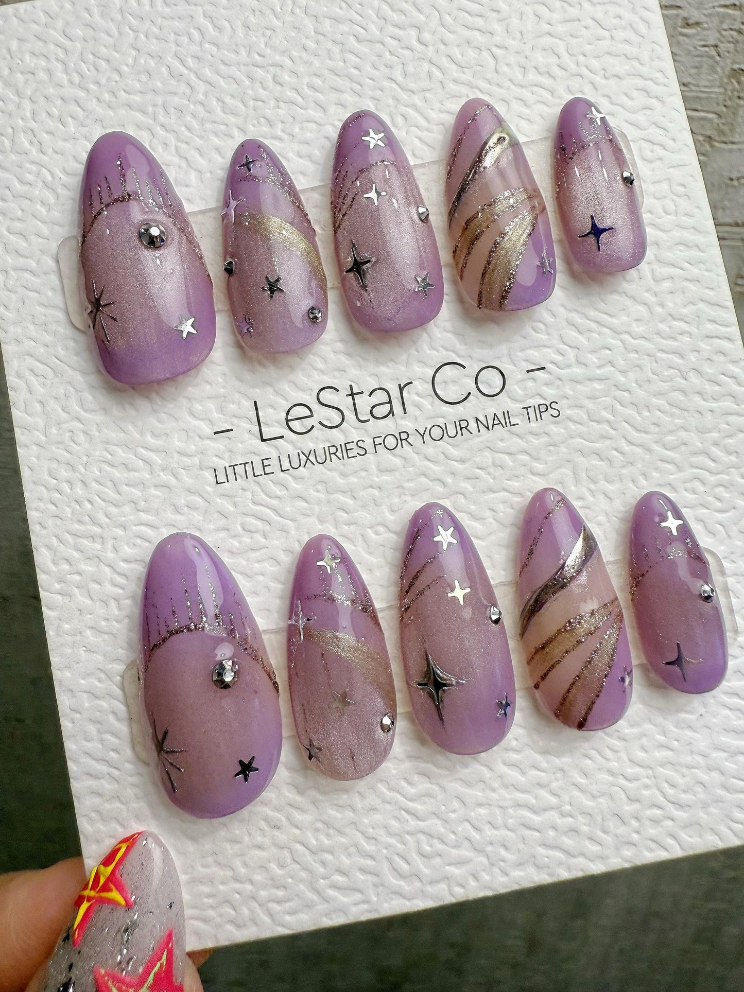 Reusable Lavender Stardust Trails | Handmade Press On Gel Acrylic Nails | 4for3 Timed Offer