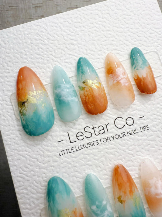 Reusable Sunset Reef Waves | Handmade Press On Gel Acrylic Nails | 4for3 Timed Offer
