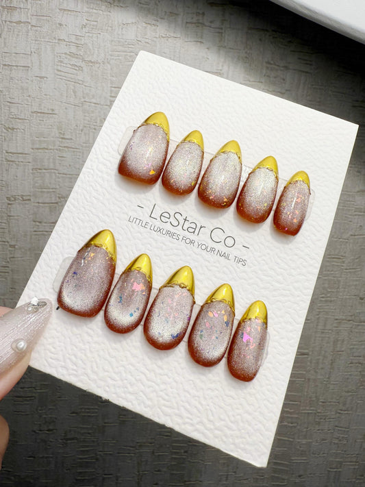 Reusable Golden Velvet Twilight Cat Eye | Handmade Press On Gel Nails | 4for3 Timed Offer