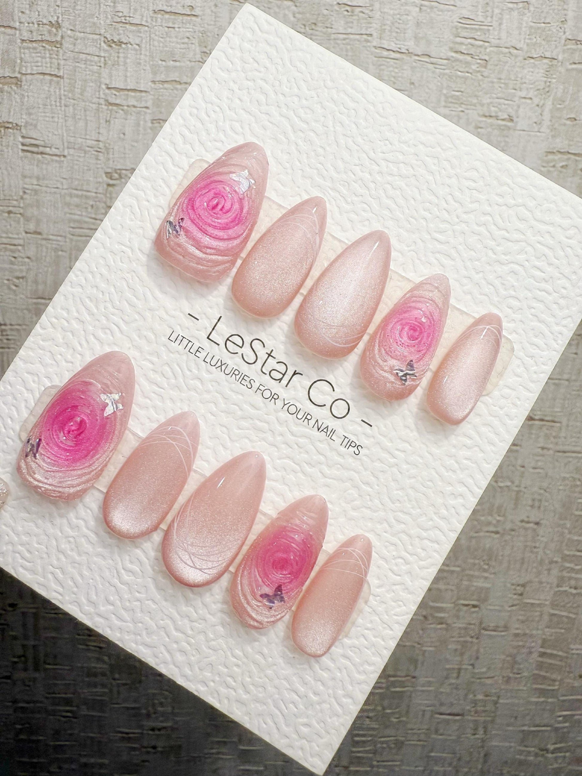 Reusable Pink Whirl Rose Cat Eye | Handmade Press On Gel Nails | 4for3 Timed Offer
