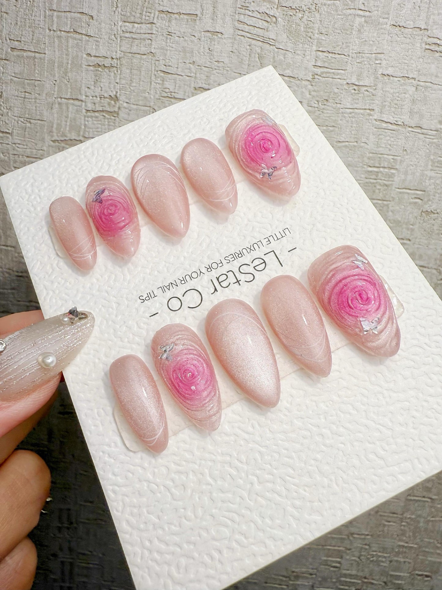 Reusable Pink Whirl Rose Cat Eye | Handmade Press On Gel Nails | 4for3 Timed Offer