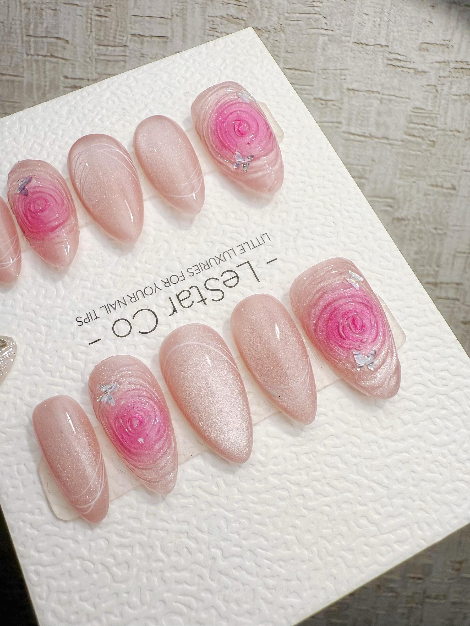 Reusable Pink Whirl Rose Cat Eye | Handmade Press On Gel Nails | 4for3 Timed Offer