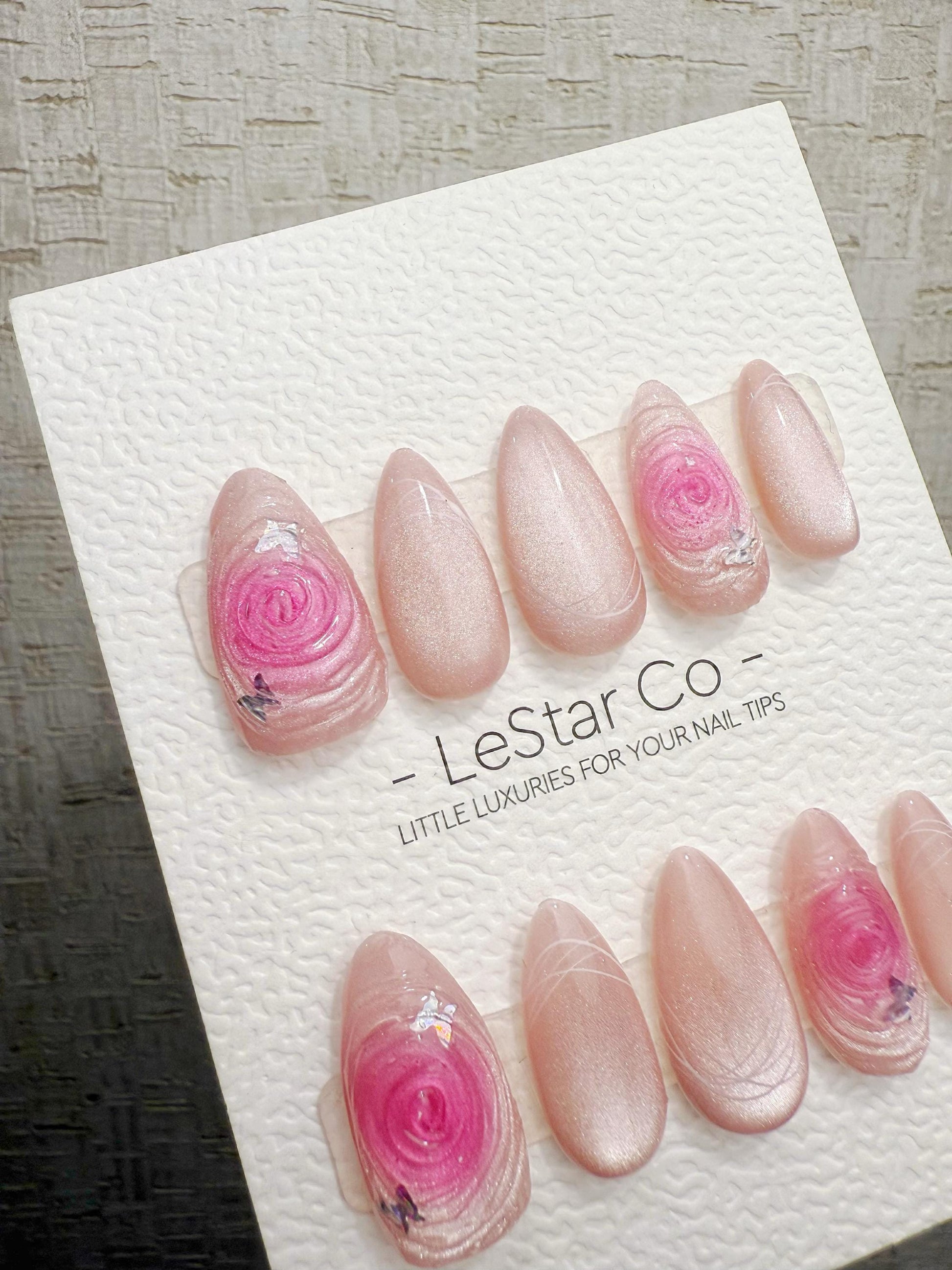 Reusable Pink Whirl Rose Cat Eye | Handmade Press On Gel Nails | 4for3 Timed Offer