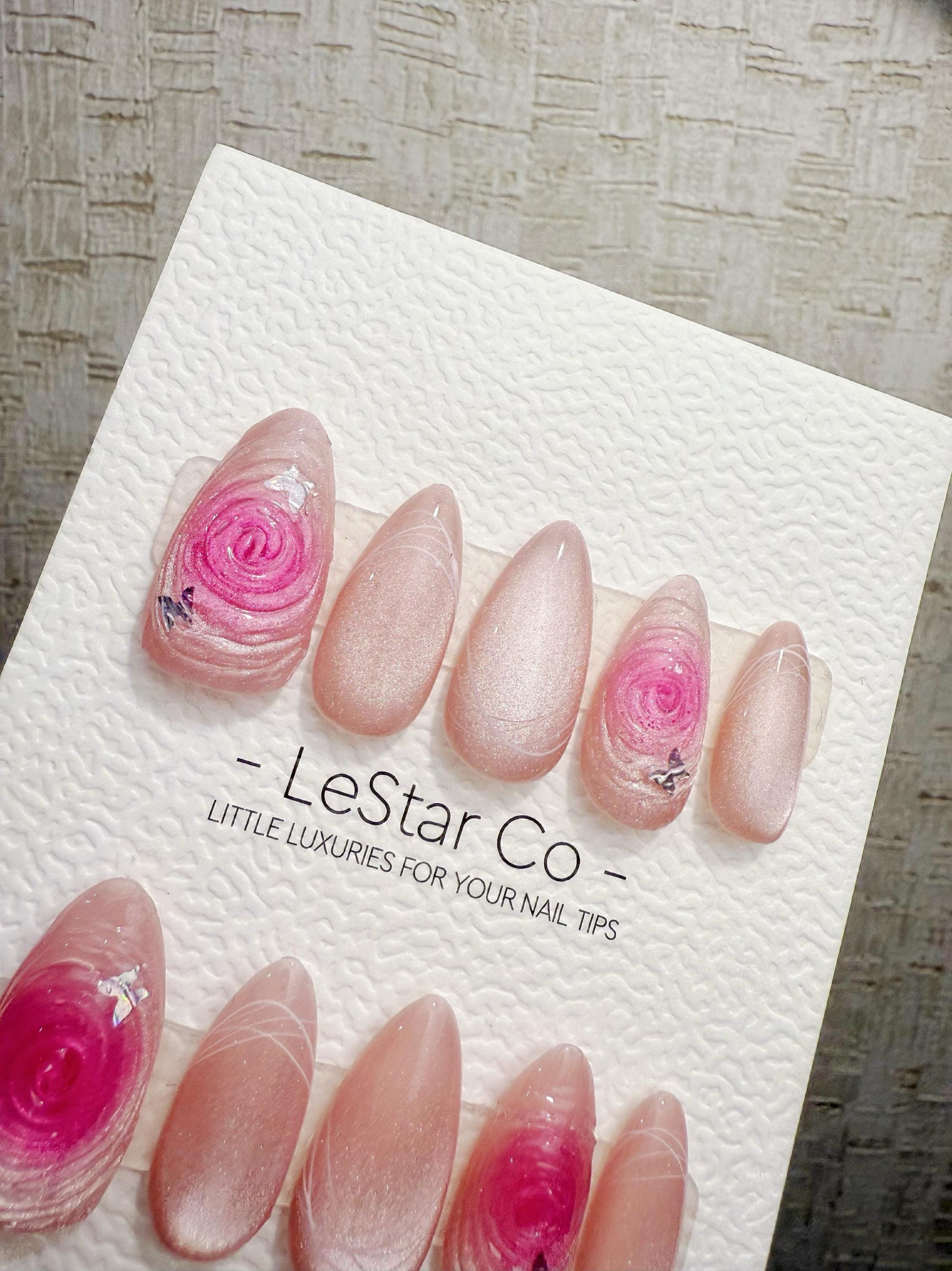 Reusable Pink Whirl Rose Cat Eye | Handmade Press On Gel Nails | 4for3 Timed Offer