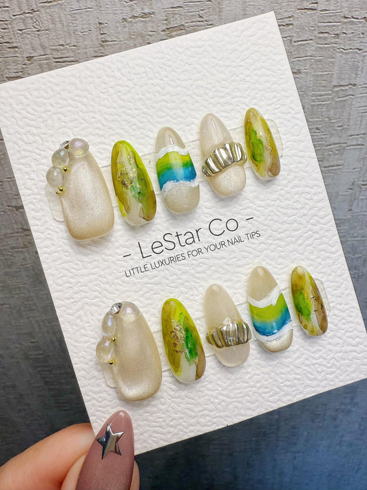 4for3 Timed Offer)Reusable Azure Creek 3D Effect| Premium Handmade Press on Nails Gel | Fake Nails | Cute Pressons Gel Nail MC1073