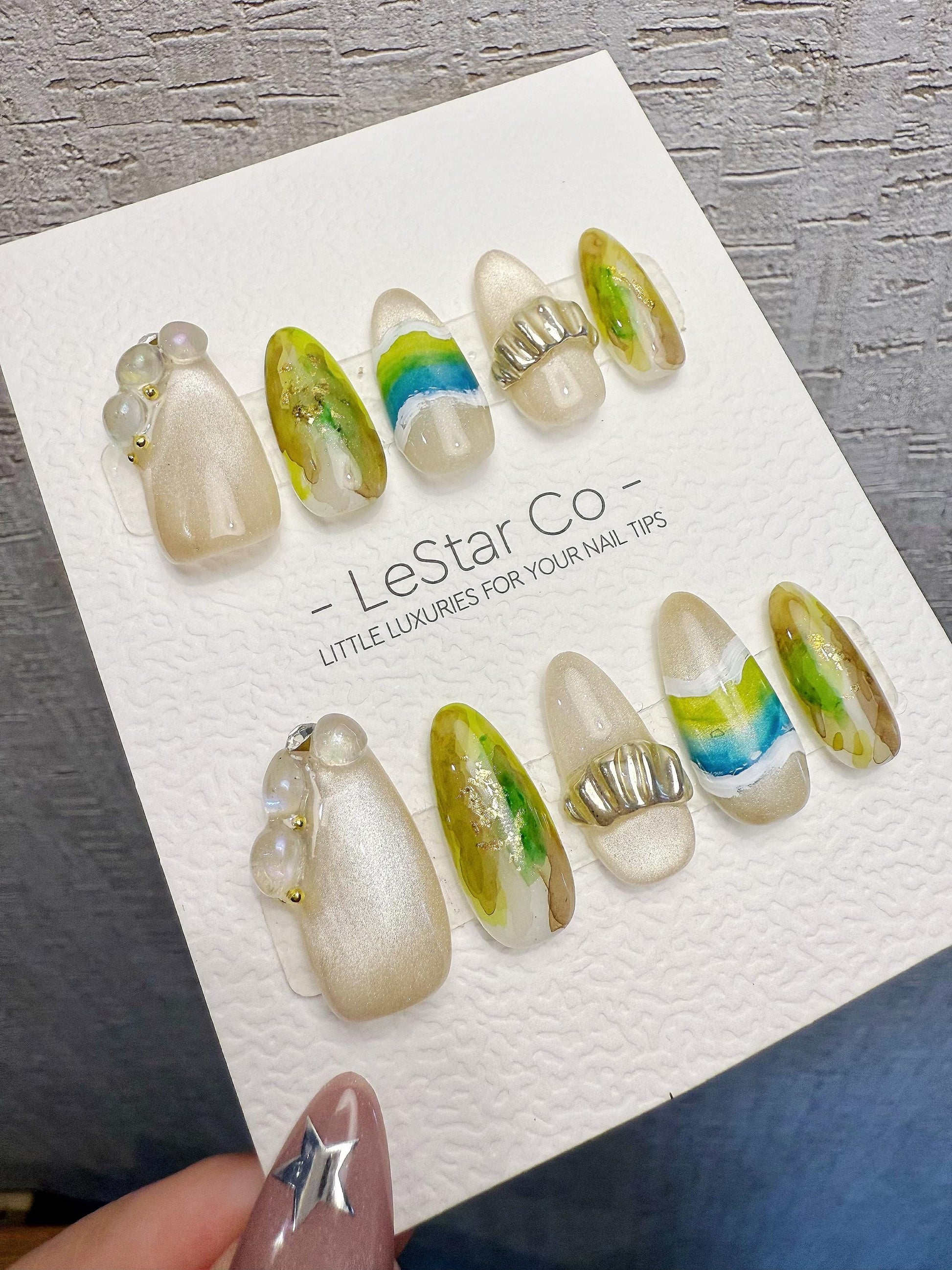 4for3 Timed Offer)Reusable Azure Creek 3D Effect| Premium Handmade Press on Nails Gel | Fake Nails | Cute Pressons Gel Nail MC1073