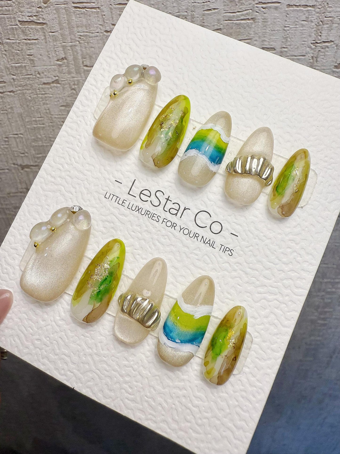 4for3 Timed Offer)Reusable Azure Creek 3D Effect| Premium Handmade Press on Nails Gel | Fake Nails | Cute Pressons Gel Nail MC1073