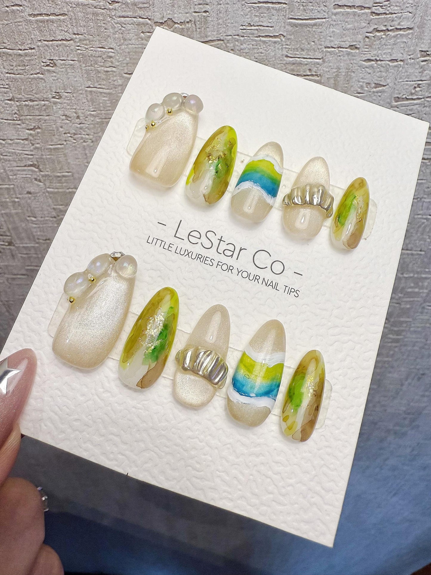 4for3 Timed Offer)Reusable Azure Creek 3D Effect| Premium Handmade Press on Nails Gel | Fake Nails | Cute Pressons Gel Nail MC1073