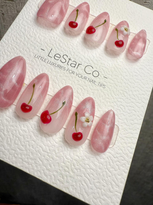 Reusable Blooming Cherry Day Cat Eye Effect| Premium Handmade Press on Nails Gel | Fake Nails | Cute Press ons Gel Nail ML1077