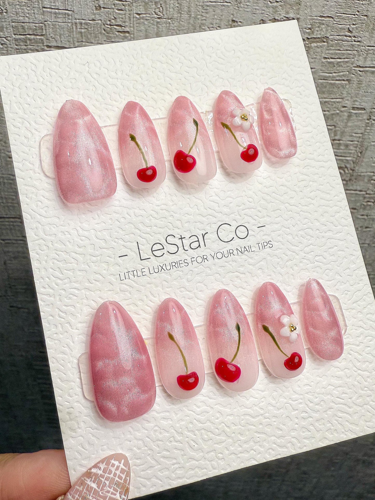Reusable Blooming Cherry Day Cat Eye Effect| Premium Handmade Press on Nails Gel | Fake Nails | Cute Press ons Gel Nail ML1077